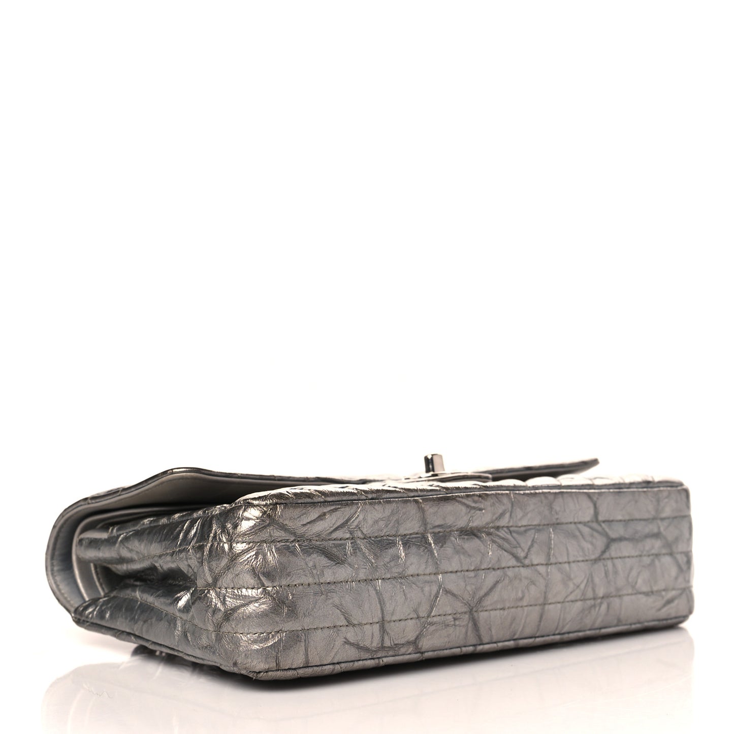 Metallic Patent Crumpled Calfskin Chevron Quilted Medium Double Flap Silver