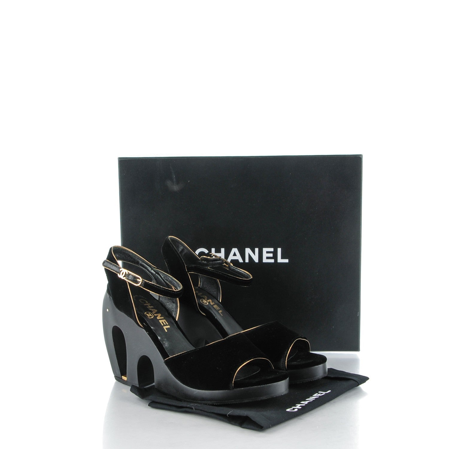 Chanel Velvet Wedge Platform Sandals 39 Black 8 of 8