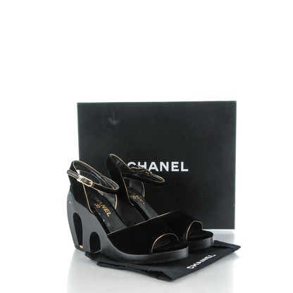 Chanel Velvet Wedge Platform Sandals 39 Black 8 of 8