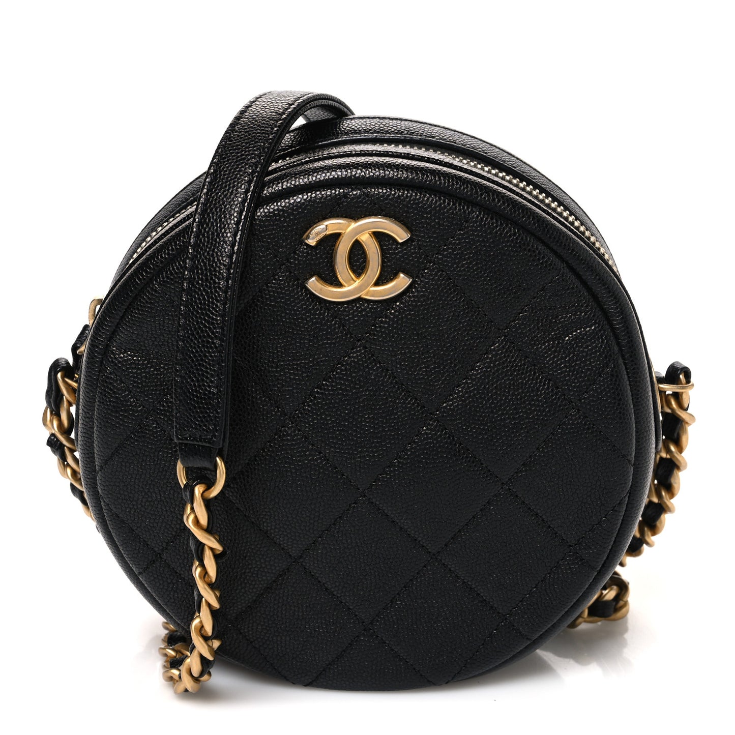 Caviar Quilted Small Round Bag With Chain Black
