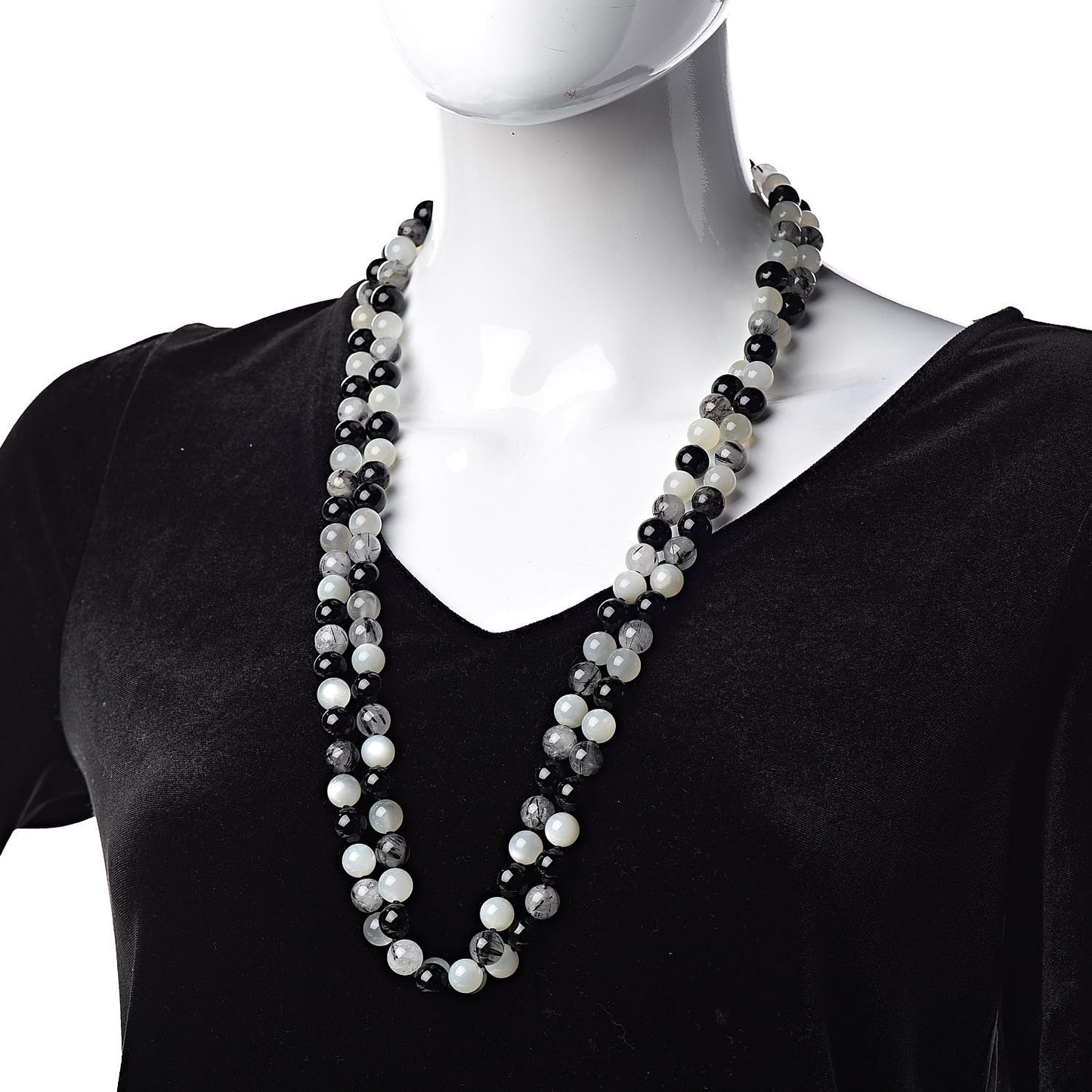 Sterling Silver Black Onyx Tourmalinated Quartz Moonstone Bead Necklace 60"