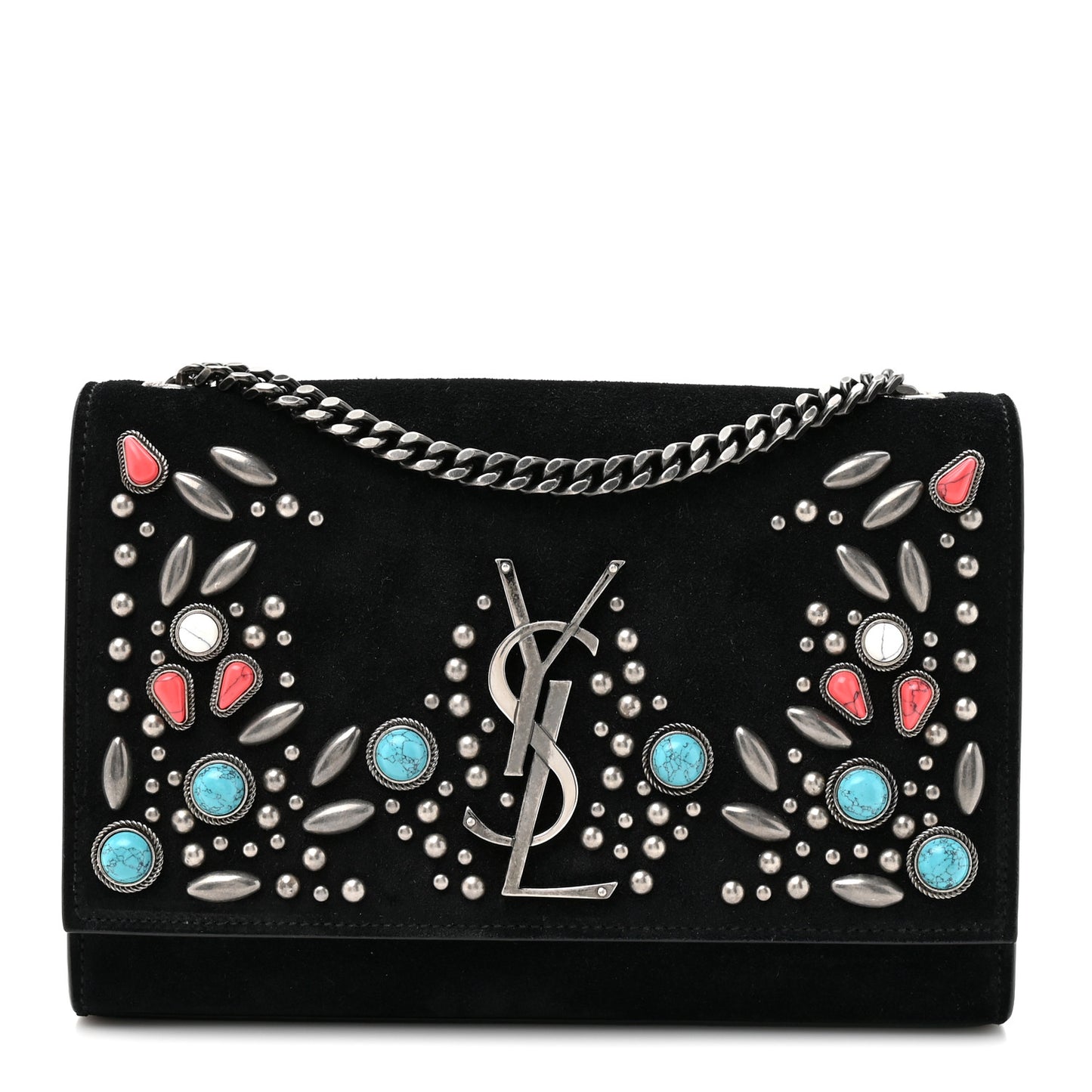Suede Small Monogram Stone Studded Kate Satchel Black Turquoise Coral