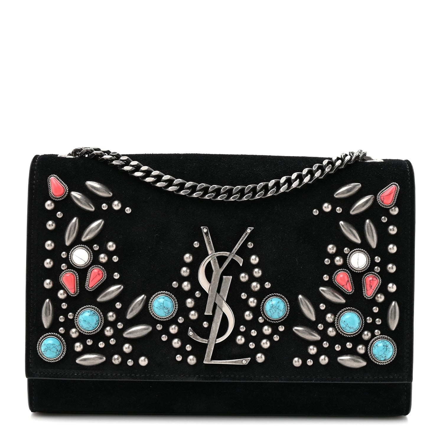 Saint Laurent Suede Small Monogram Stone Studded Kate Satchel Black Turquoise Coral 1 of 13