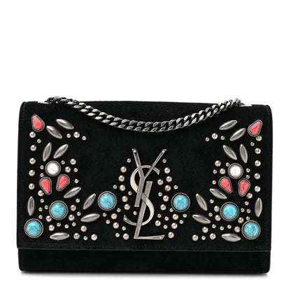 Saint Laurent Suede Small Monogram Stone Studded Kate Satchel Black Turquoise Coral 1 of 13