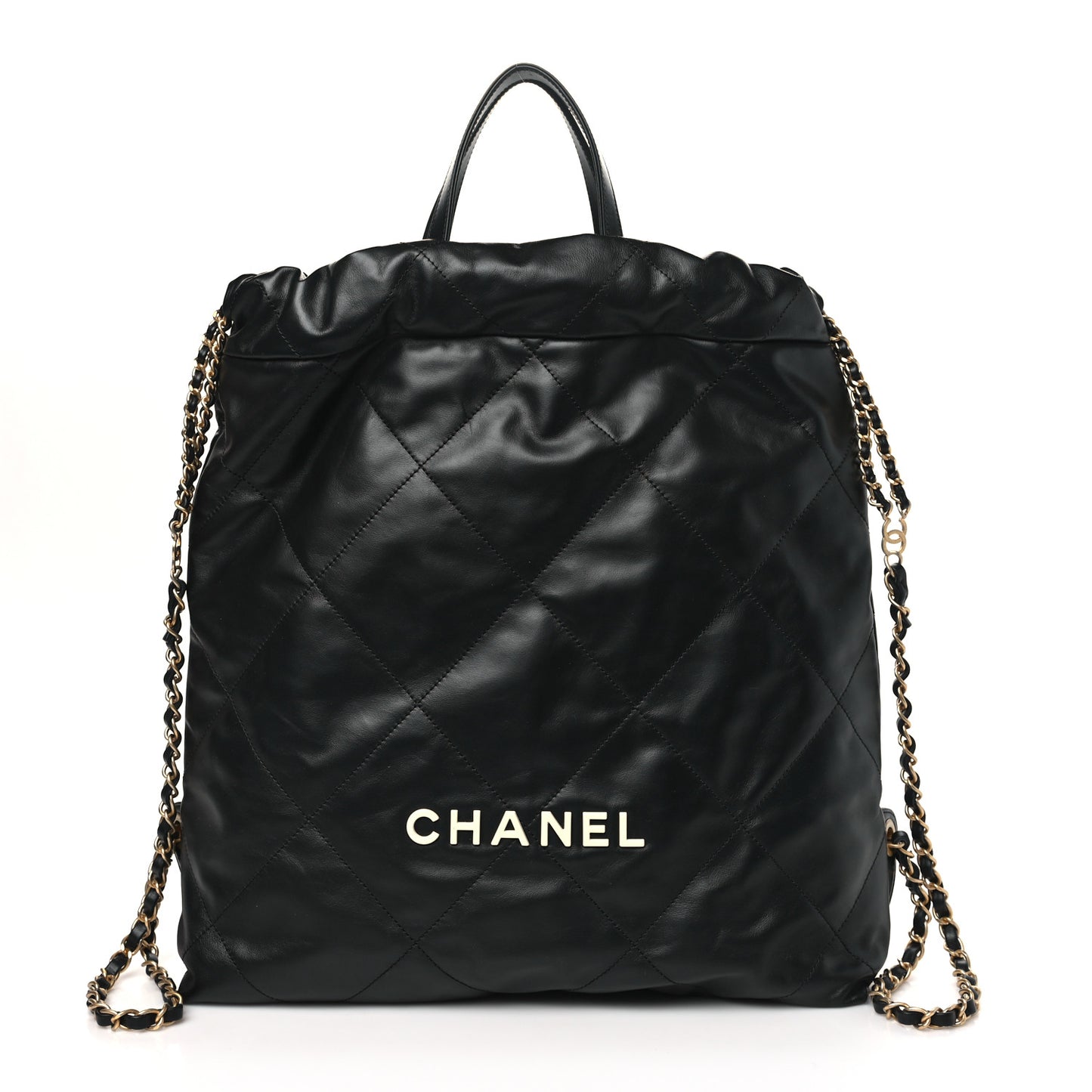 Shiny Calfskin Quilted Chanel 22 Backpack Black