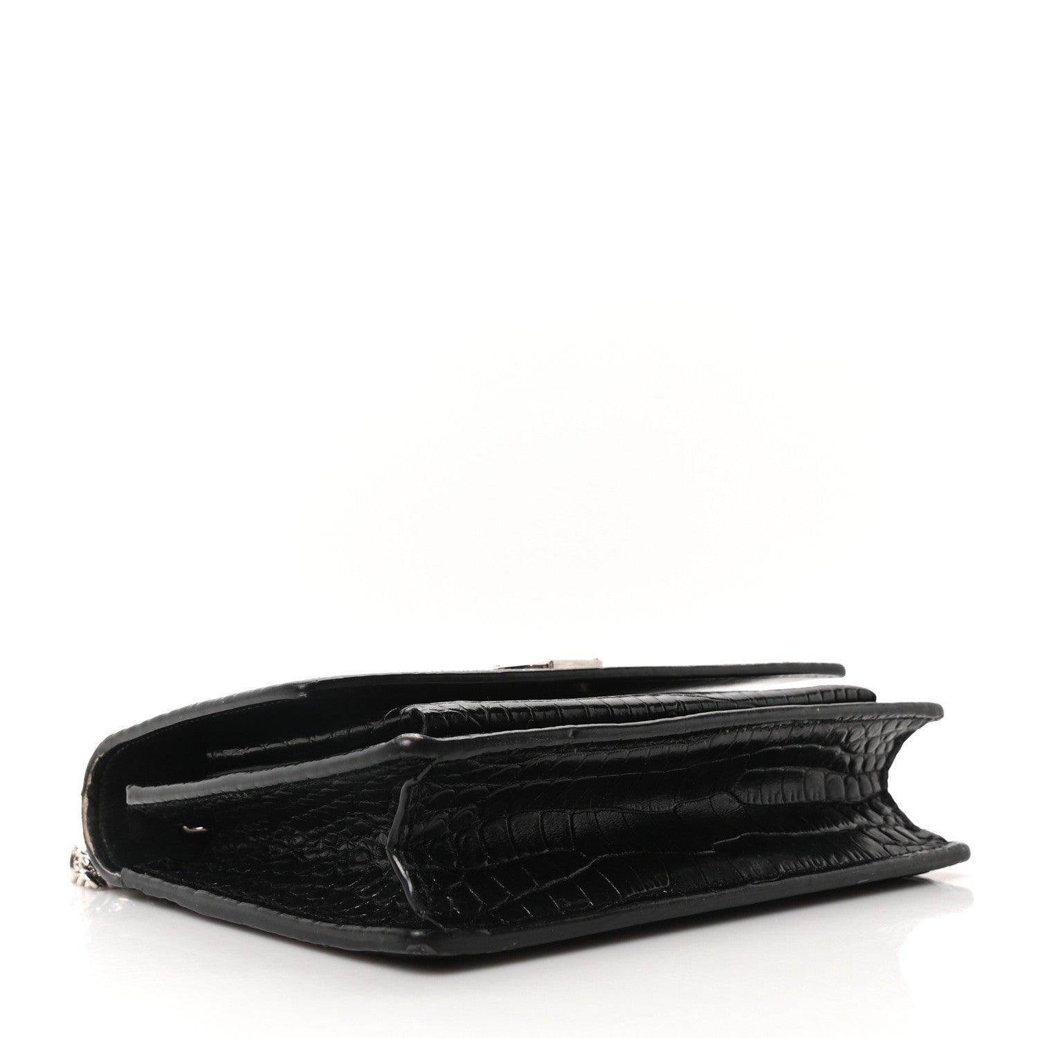 Saint Laurent Calfskin Crocodile Embossed Monogram Sunset Top Handle Chain Wallet Black 4 of 9