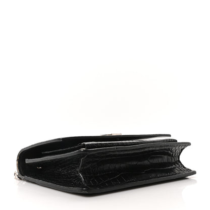 Saint Laurent Calfskin Crocodile Embossed Monogram Sunset Top Handle Chain Wallet Black 4 of 9