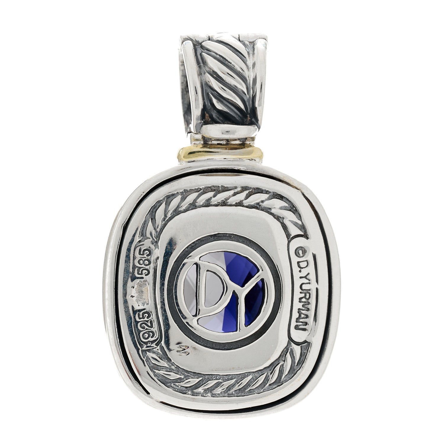 David Yurman Sterling Silver 14K Yellow Gold Iolite 12mm Albion Enhancer Pendant 3 of 4