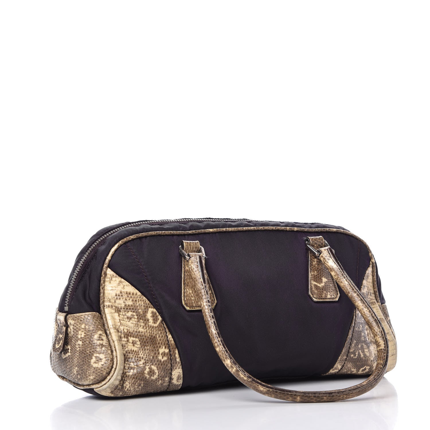 Prada Tessuto Nylon Calfskin Lizard Embossed Bag Ebano 3 of 12