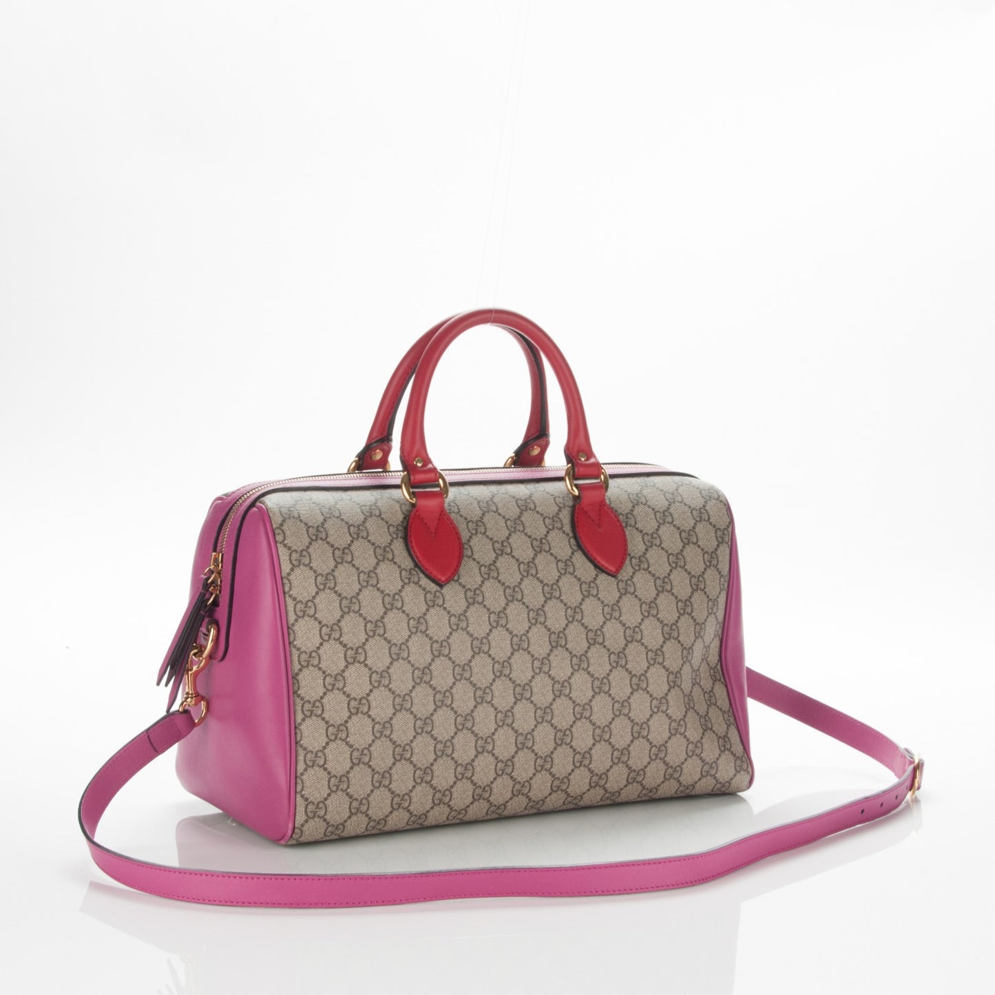 GG Supreme Monogram Medium Boston Beige Hibiscus Red New Rosette