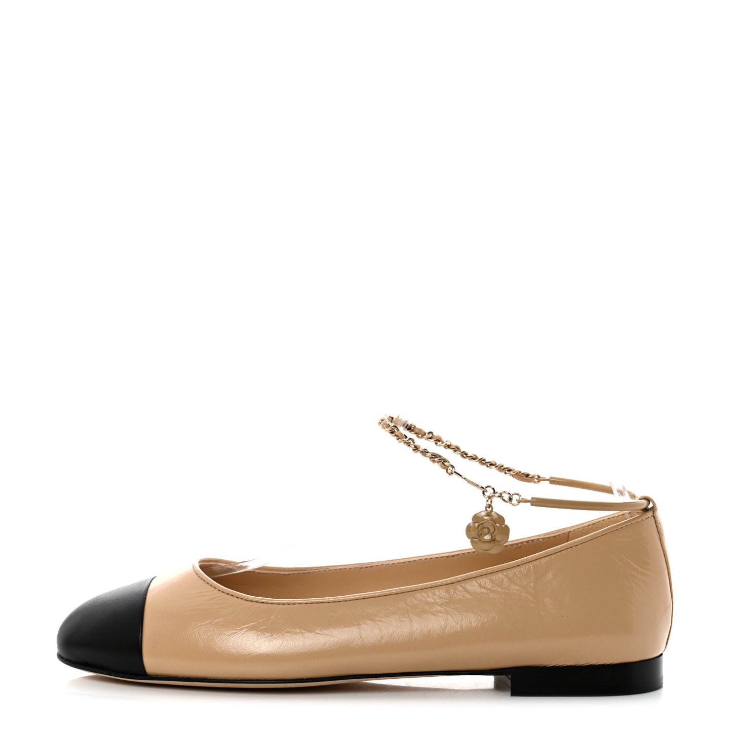 Lambskin Cap Toe Ankle Chain Ballerina Flats 41 Beige Black