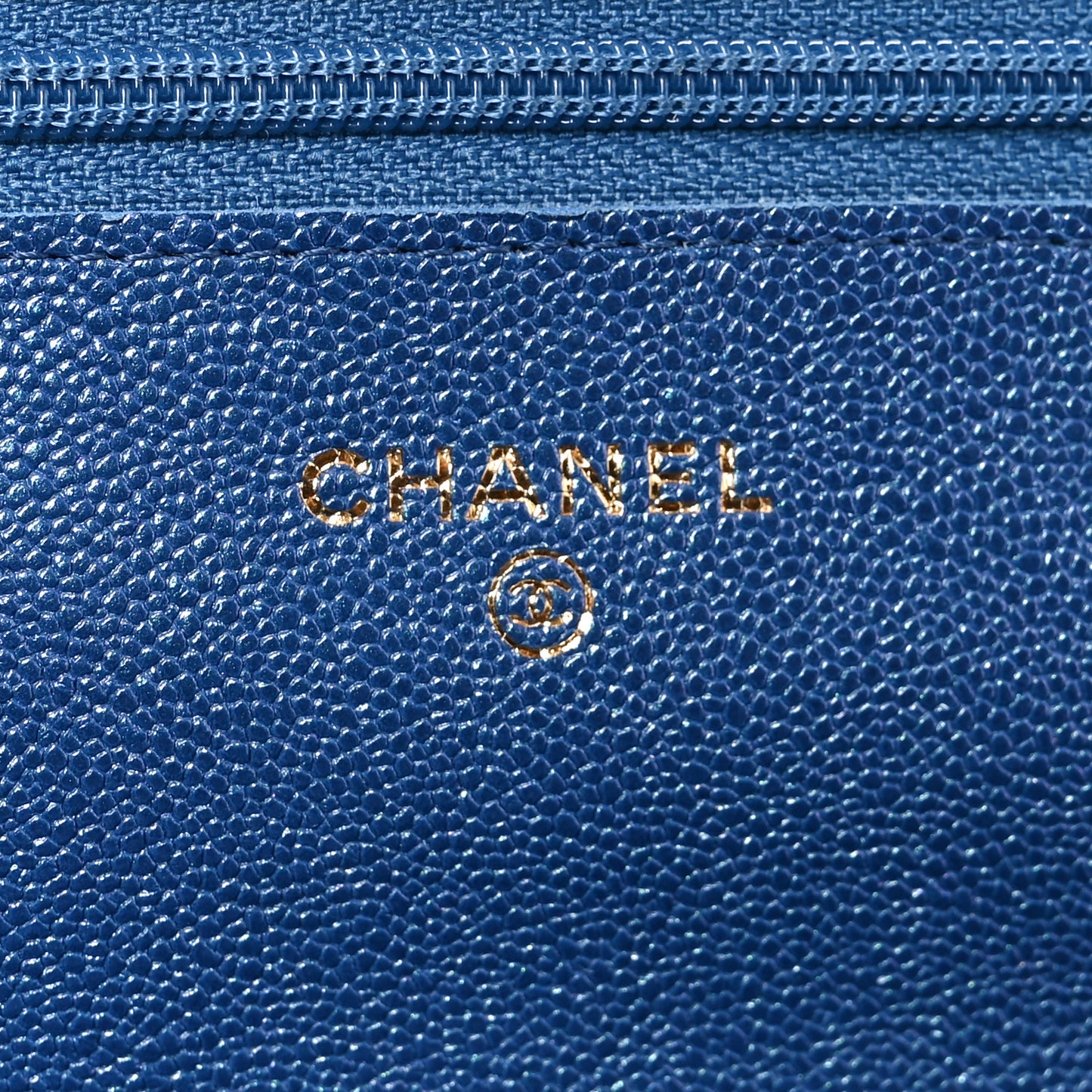 Iridescent Caviar Quilted Wallet on Chain WOC Blue