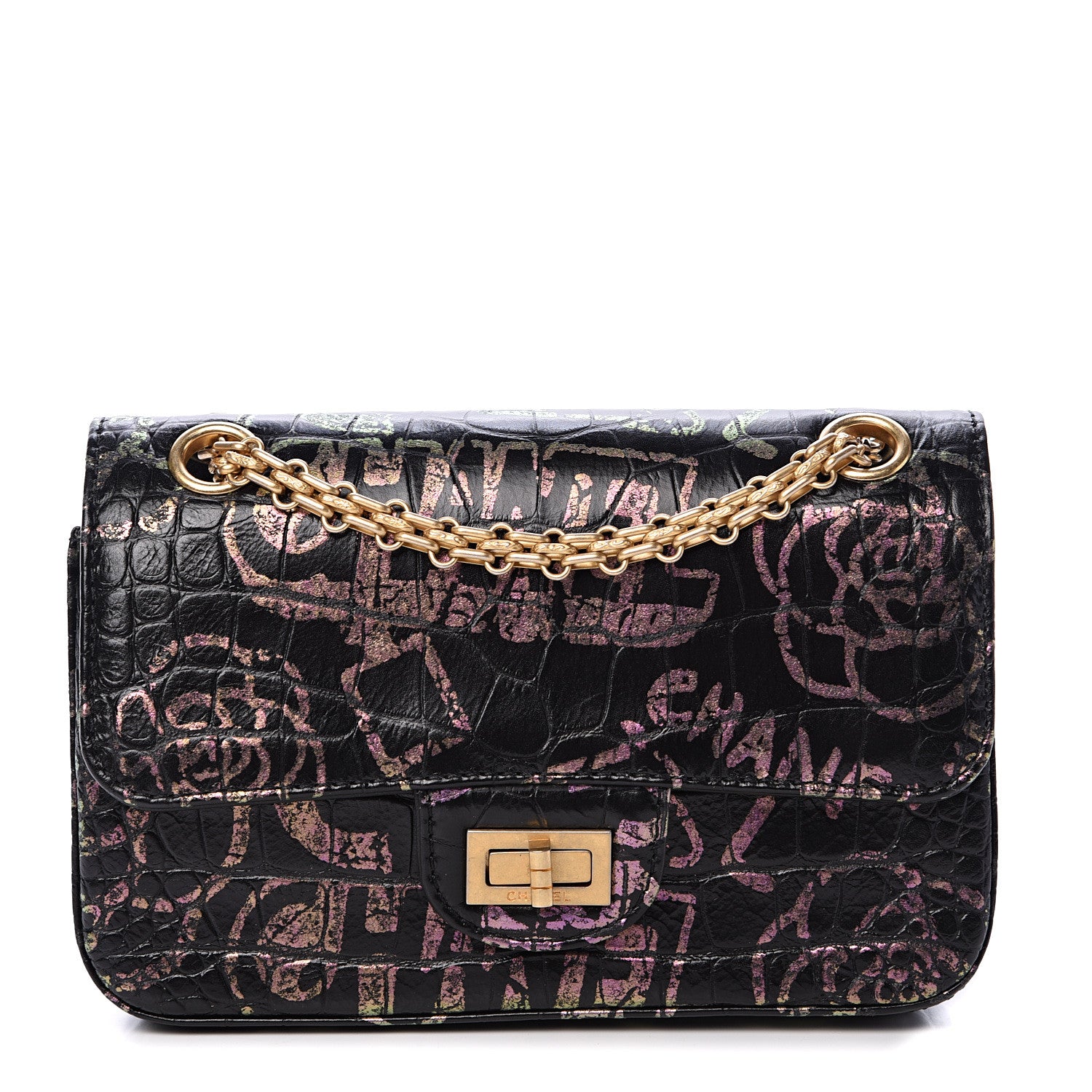 Chanel Calfskin Crocodile Embossed Graffiti 2.55 Mini Cocodile Reissue Flap Black Pink 1 of 10