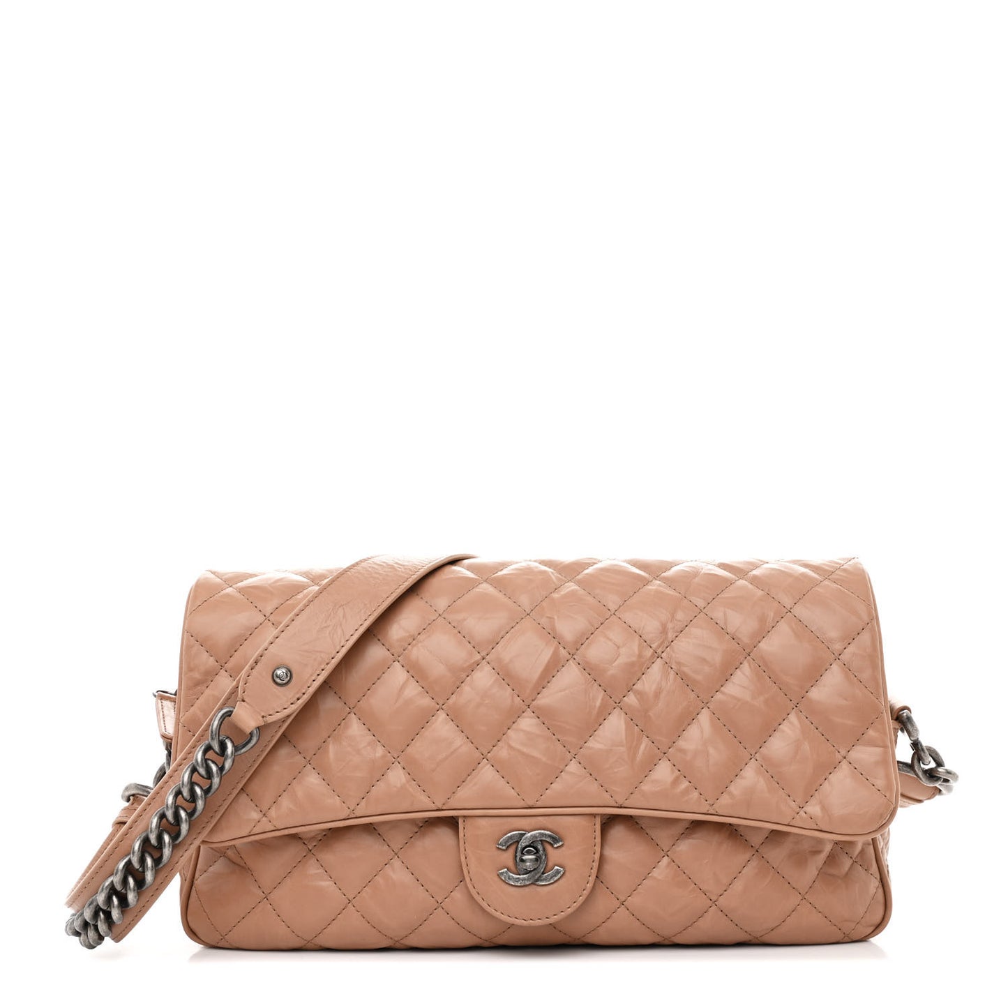 Aged Calfskin Quilted Medium Chain Detail Flap Light Brown