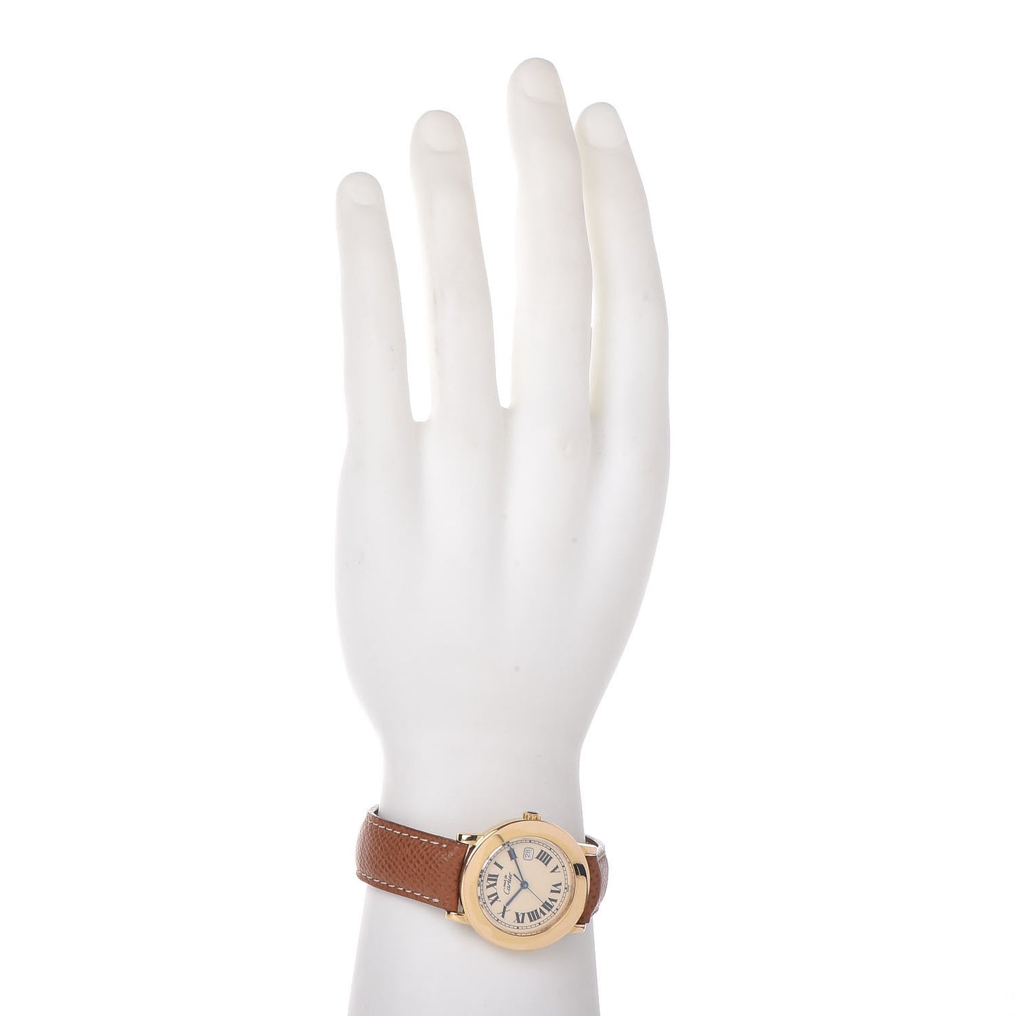 Sterling Silver 18K Yellow Gold Calfskin 32mm Ronde Must De Cartier Quartz Watch Brown