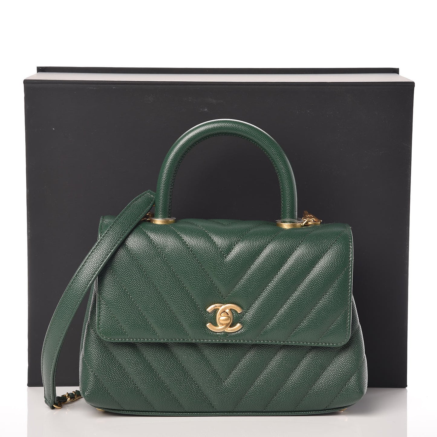 Caviar Chevron Quilted Mini Coco Handle Flap Green