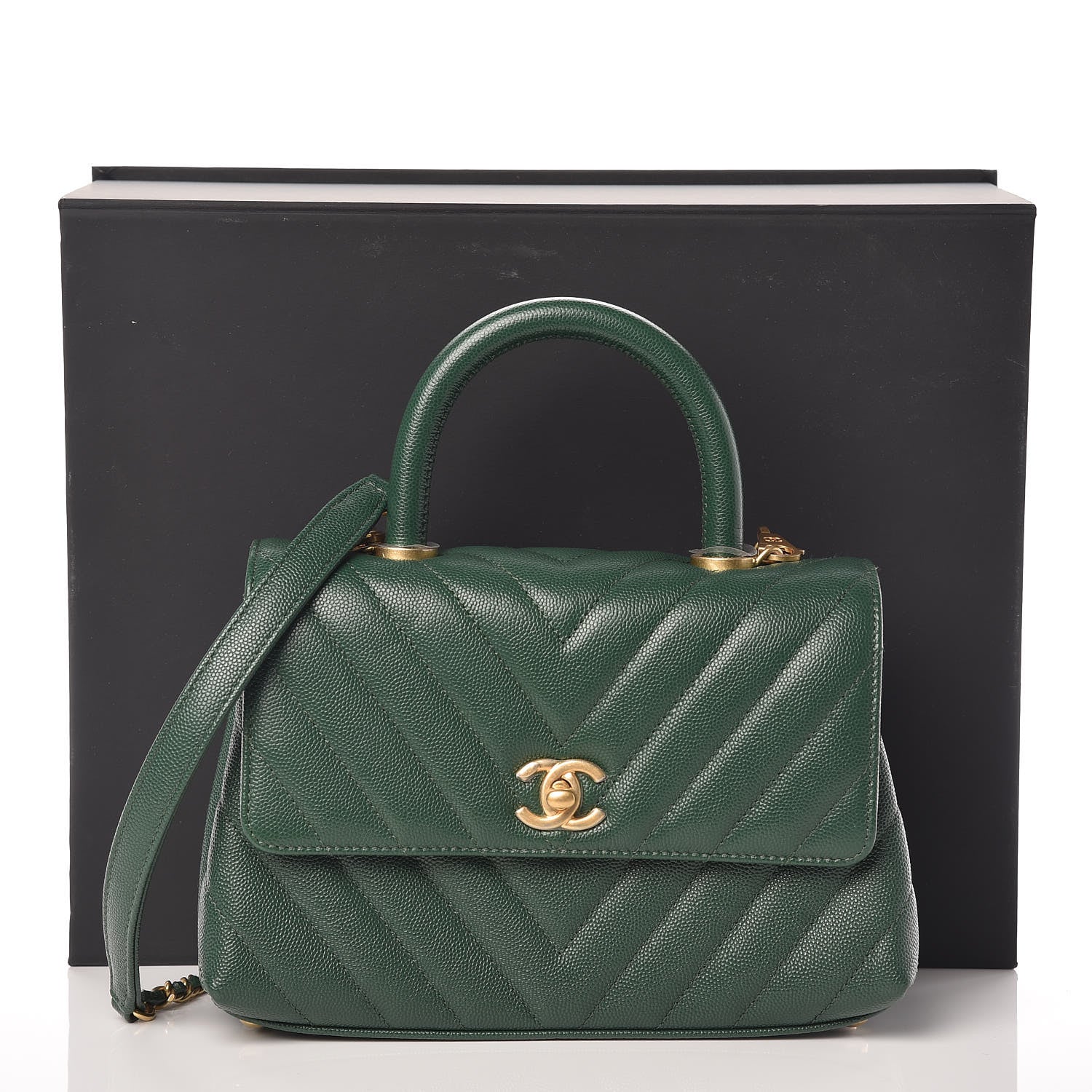 Chanel Caviar Chevron Quilted Mini Coco Handle Flap Green 10 of 10