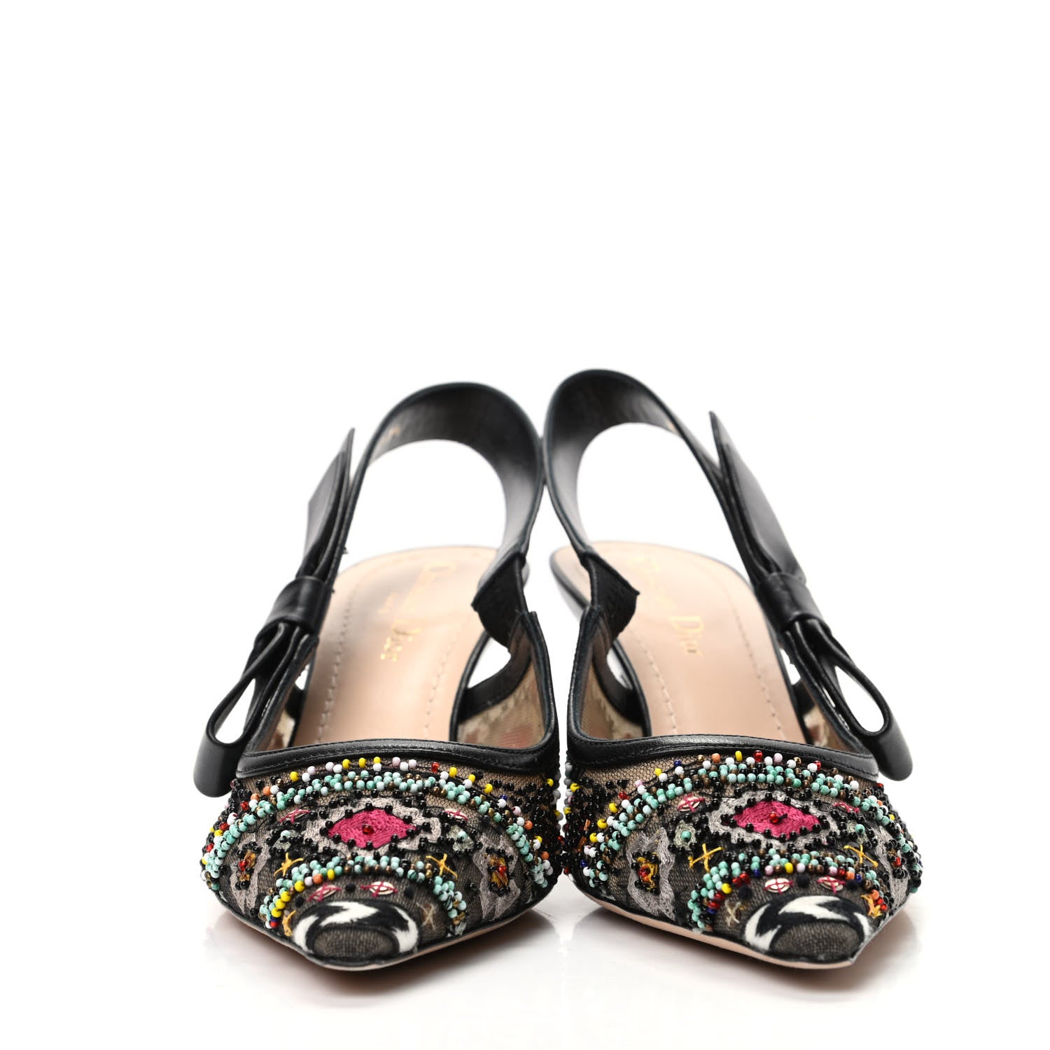 Christian Dior Embroidered Calfskin Beaded Sweet D Sling-Back Pumps 37.5 Black Turquoise 2 of 8