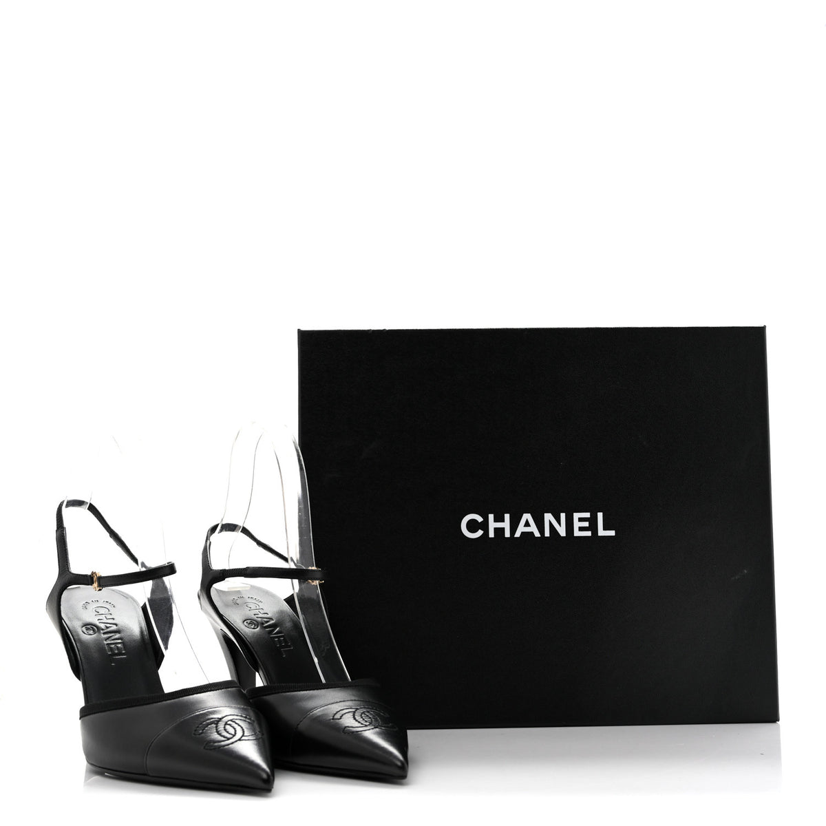 Chanel Lambskin Pointed Cap Toe CC Slingback Pumps 38 Black 12 of 12