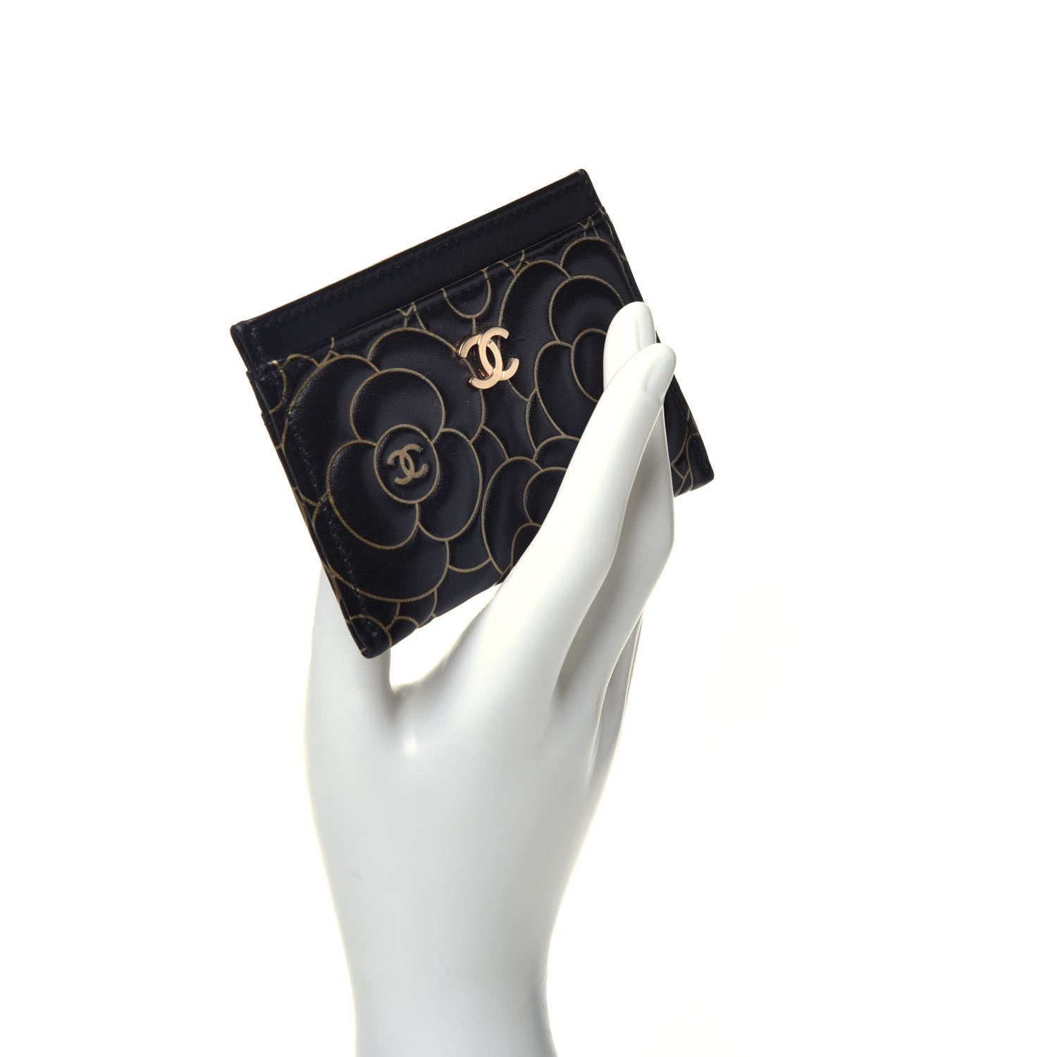 Chanel Lambskin Camellia Embossed Card Holder Black Gold 2 of 8