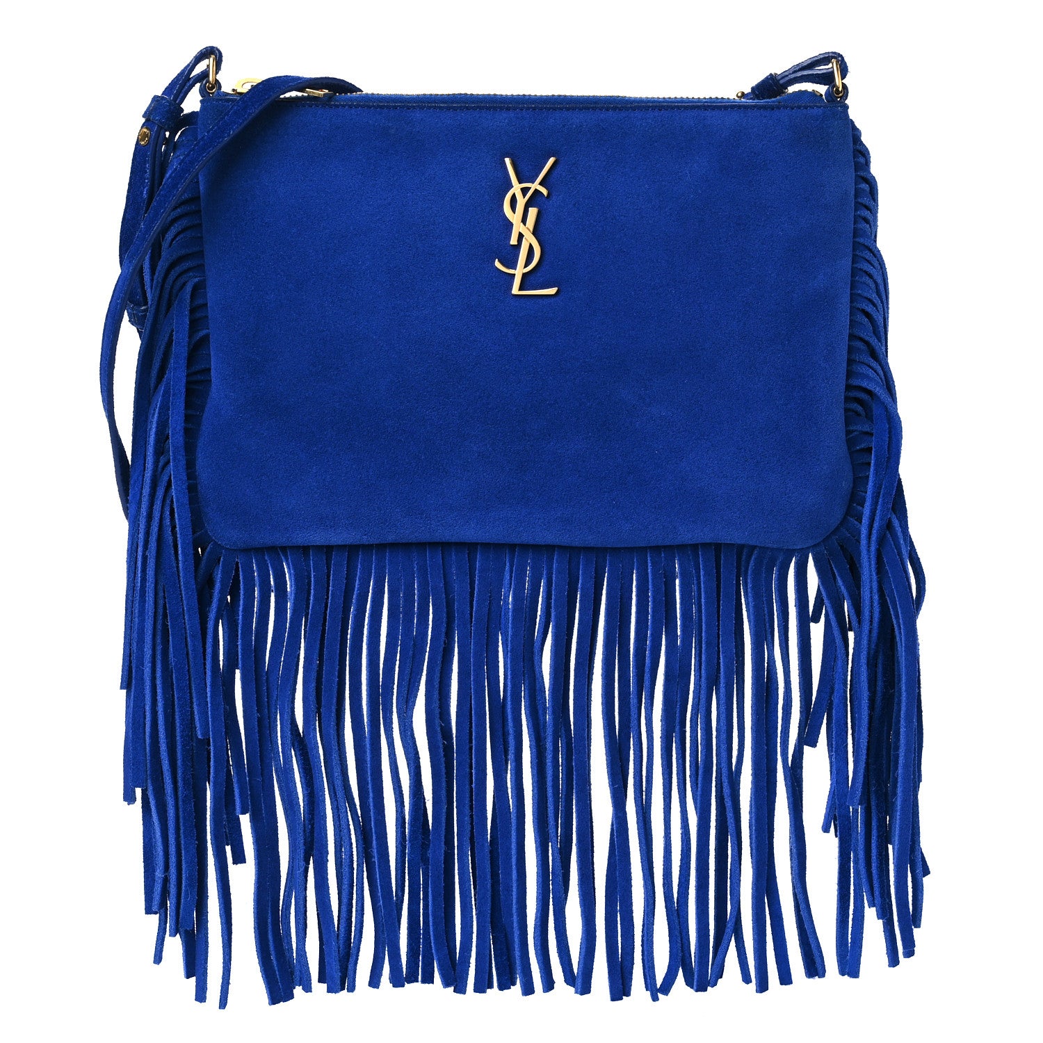 Saint Laurent Suede Calfskin Small Fringe Crossbody Bag Blue 1 of 12