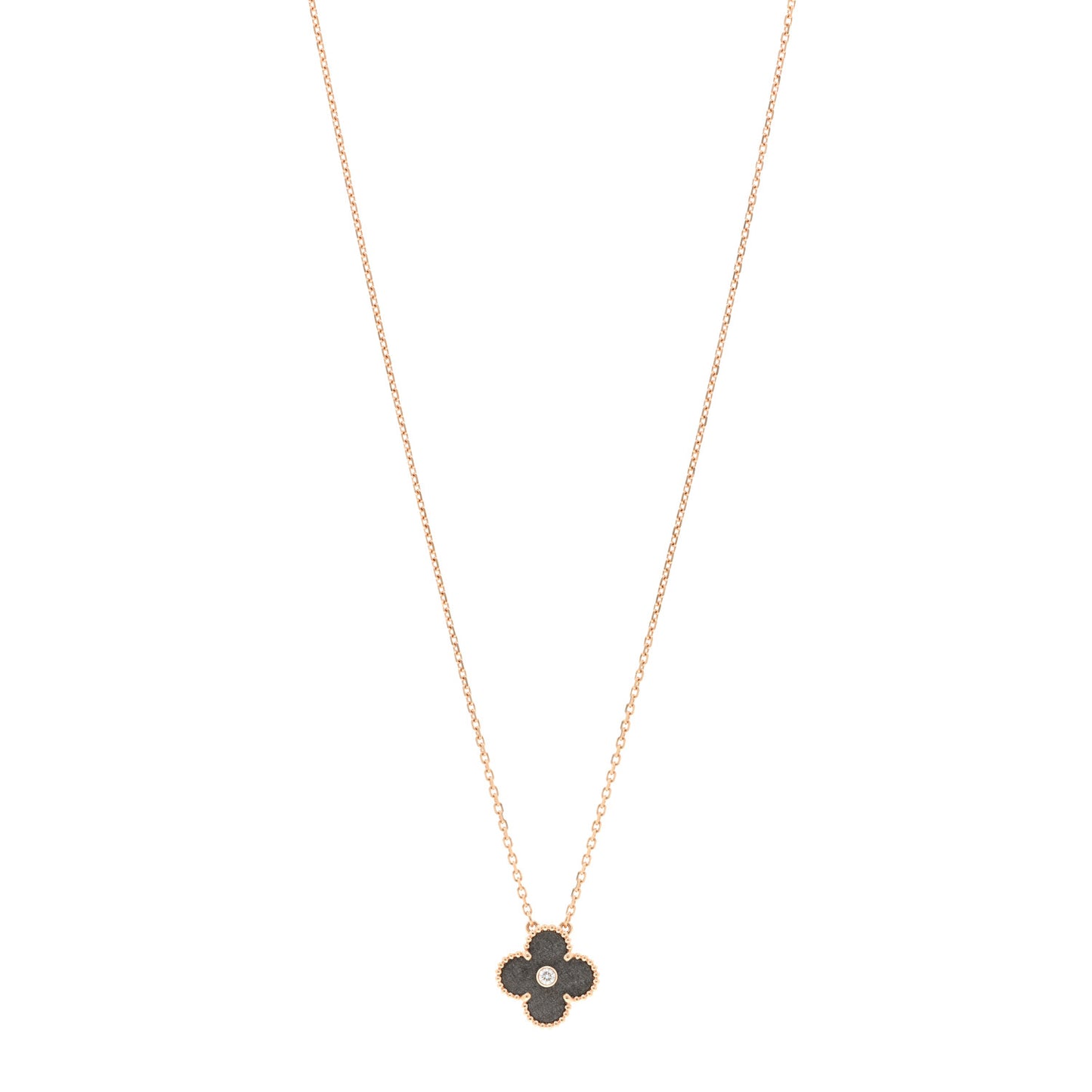18K Rose Gold Diamond Silver Obsidian Vintage Alhambra Pendant Necklace