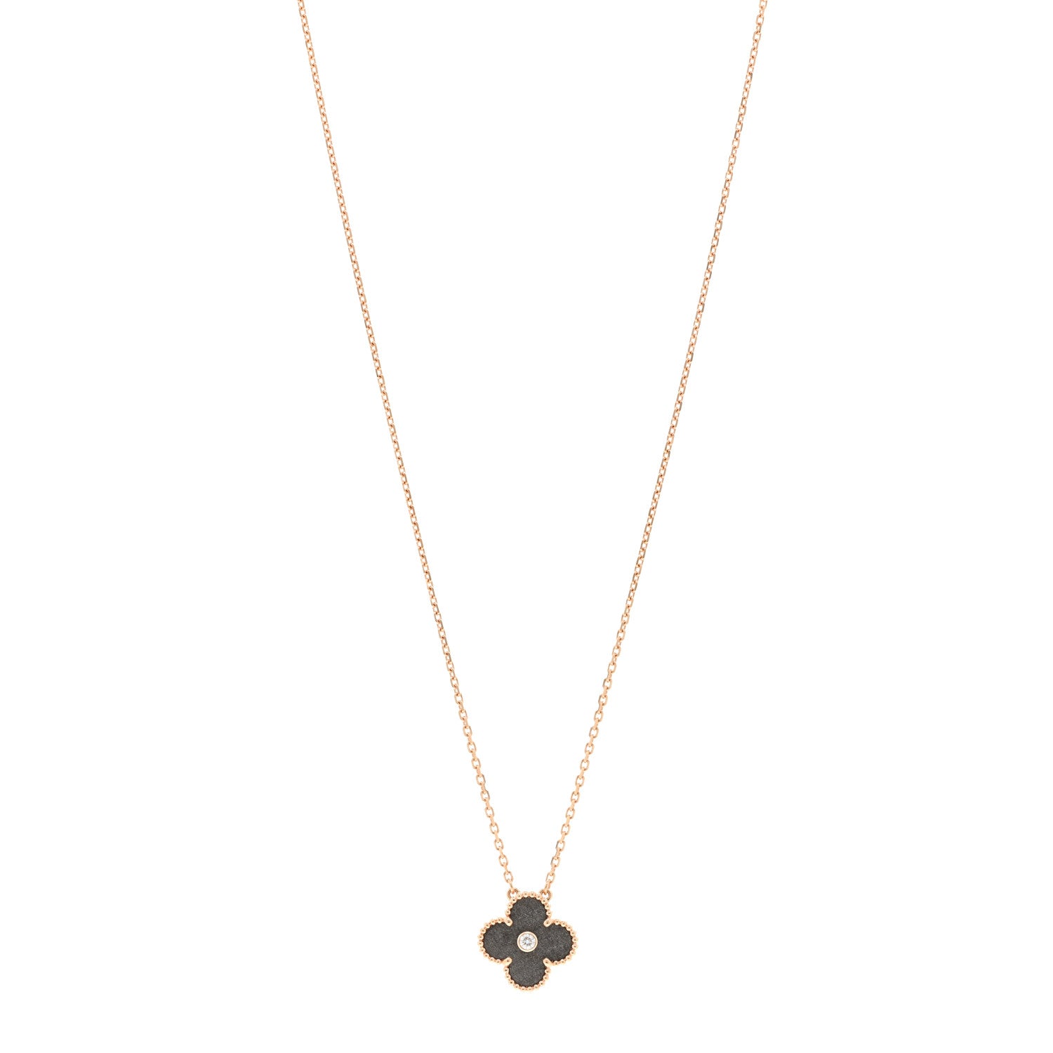 Van Cleef & Arpels 18K Rose Gold Diamond Silver Obsidian Vintage Alhambra Pendant Necklace 1 of 5