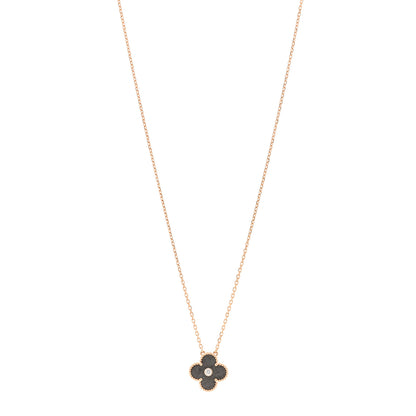 Van Cleef & Arpels 18K Rose Gold Diamond Silver Obsidian Vintage Alhambra Pendant Necklace 1 of 5