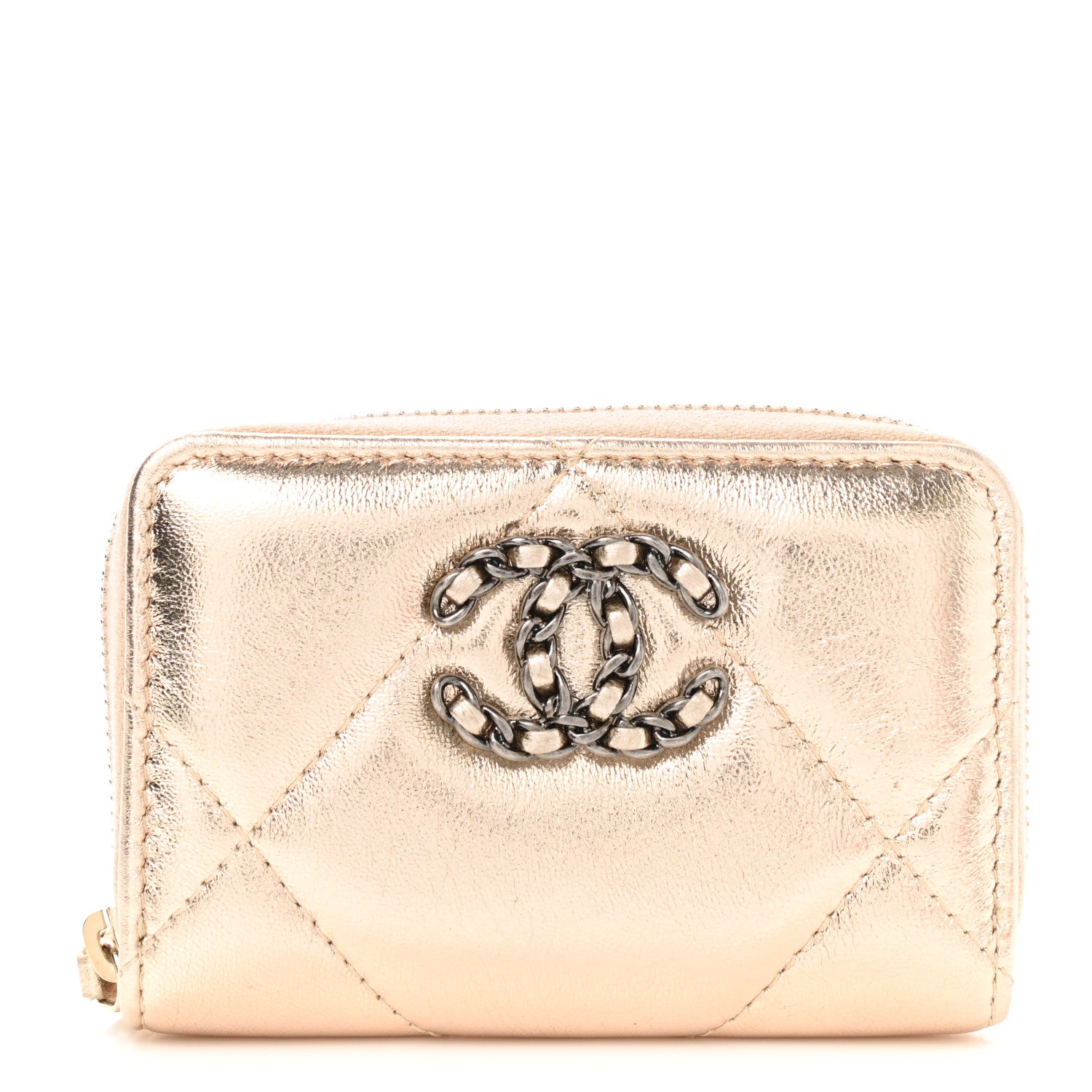 Chanel Metallic Lambskin Quilted Chanel 19 Zip Around Coin Purse Wallet Gold 1 of 8