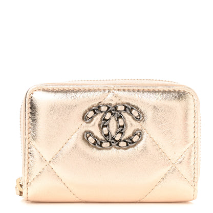 Chanel Metallic Lambskin Quilted Chanel 19 Zip Around Coin Purse Wallet Gold 1 of 8