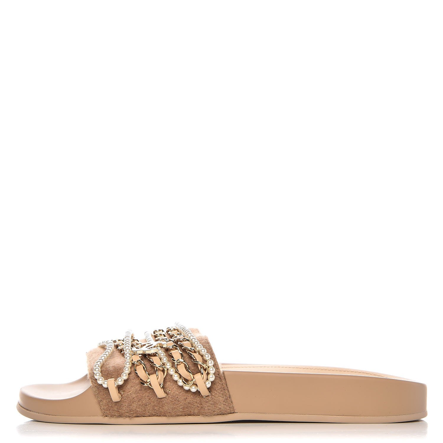 Chanel Felt Pearl Lambskin Chain Flat Sandals 37 Beige 1 of 9