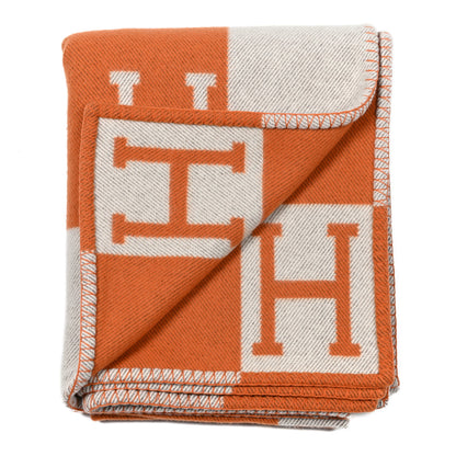 Hermes Wool Cashmere Signature Classic Avalon Blanket Ecru Potiron 2 of 3
