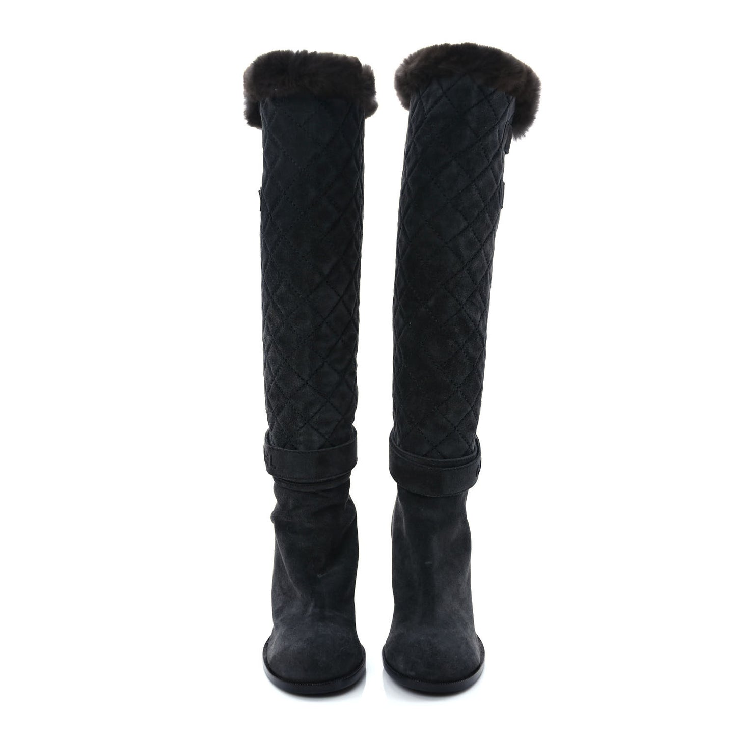 Suede Rabbit Fur Quilted Buckle High Boots 38 Grey