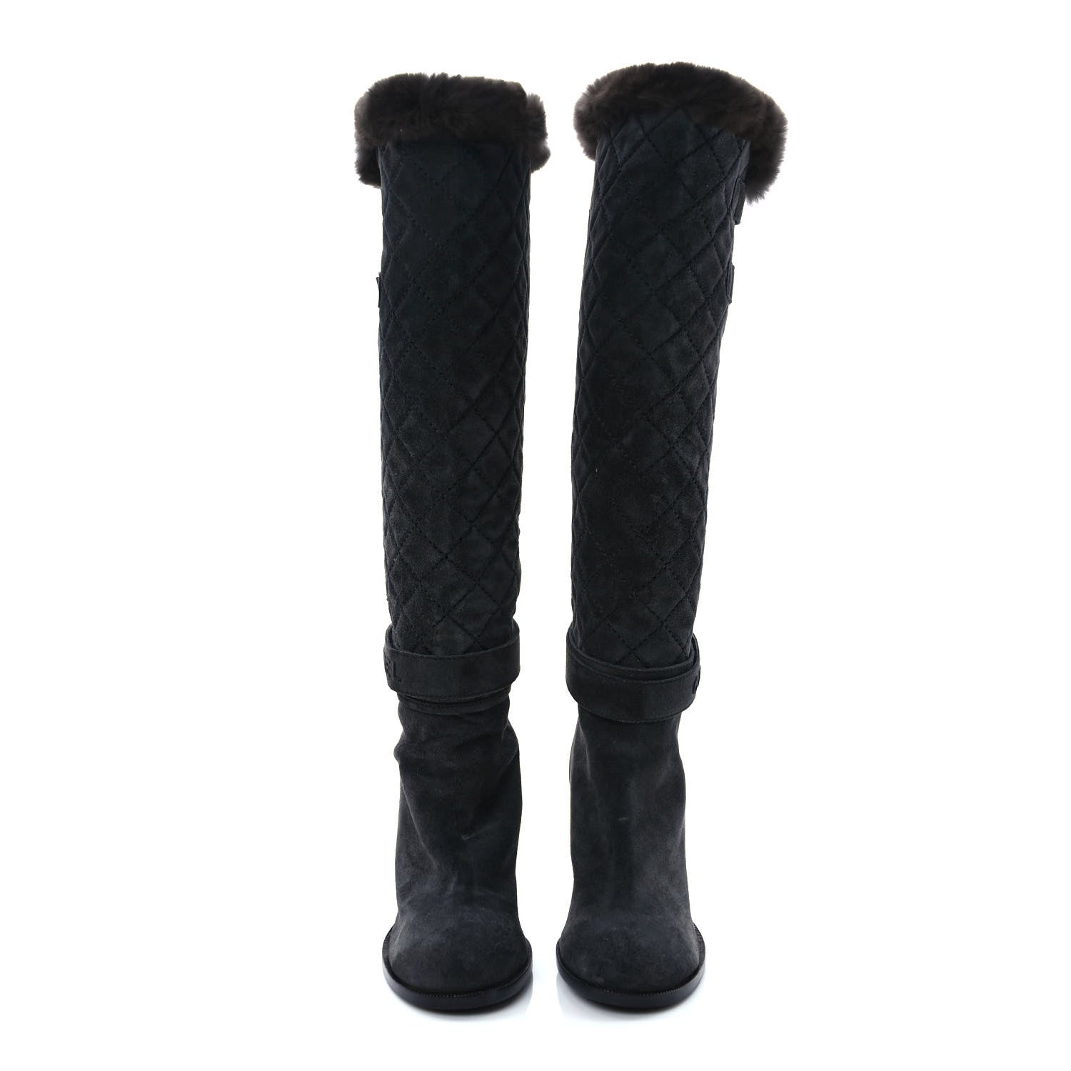 Chanel Suede Rabbit Fur Quilted Buckle High Boots 38 Grey 2 of 8