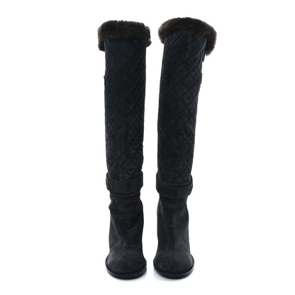 Chanel Suede Rabbit Fur Quilted Buckle High Boots 38 Grey 2 of 8