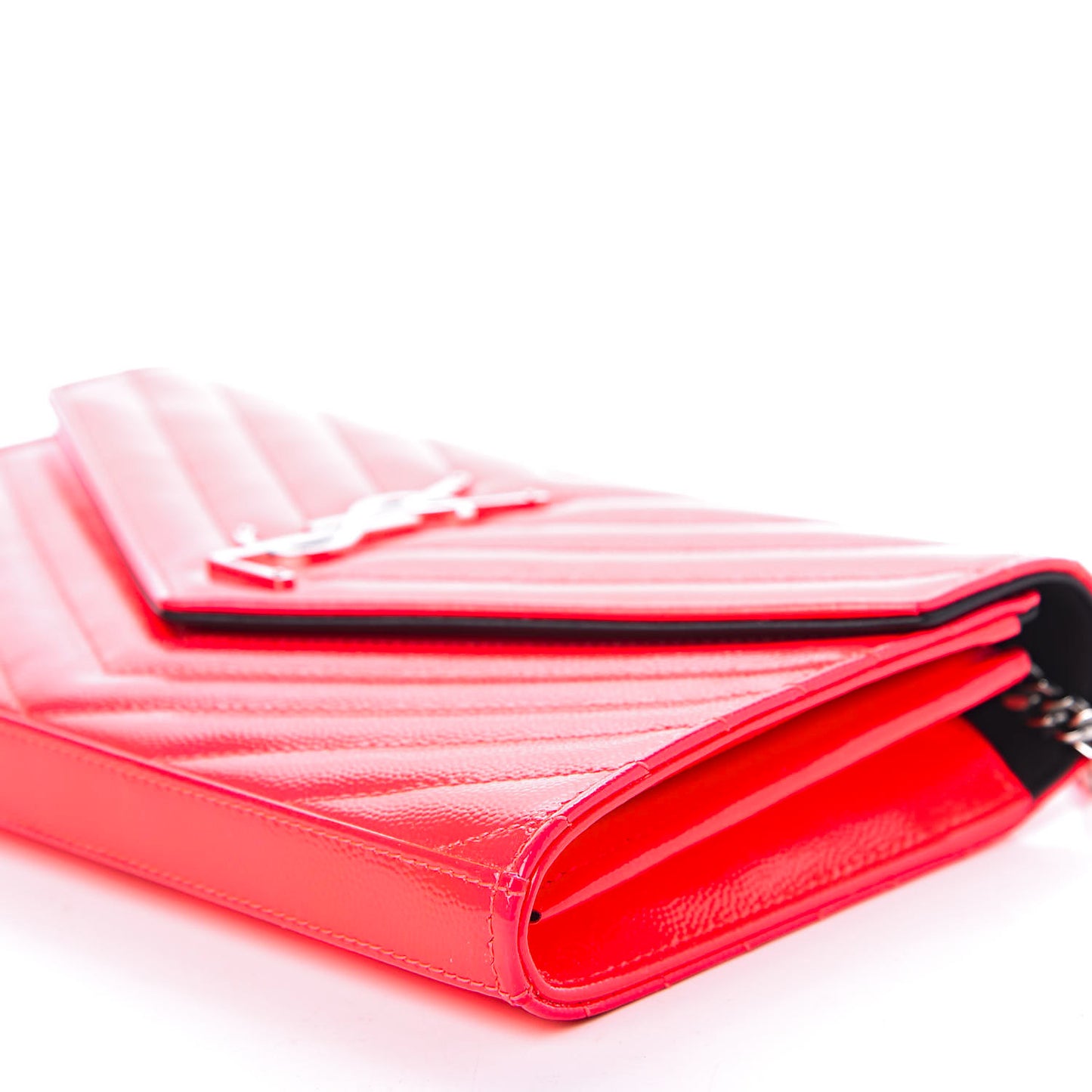 Patent Grain De Poudre Matelasse Chevron Monogram Chain Wallet Neon Pink