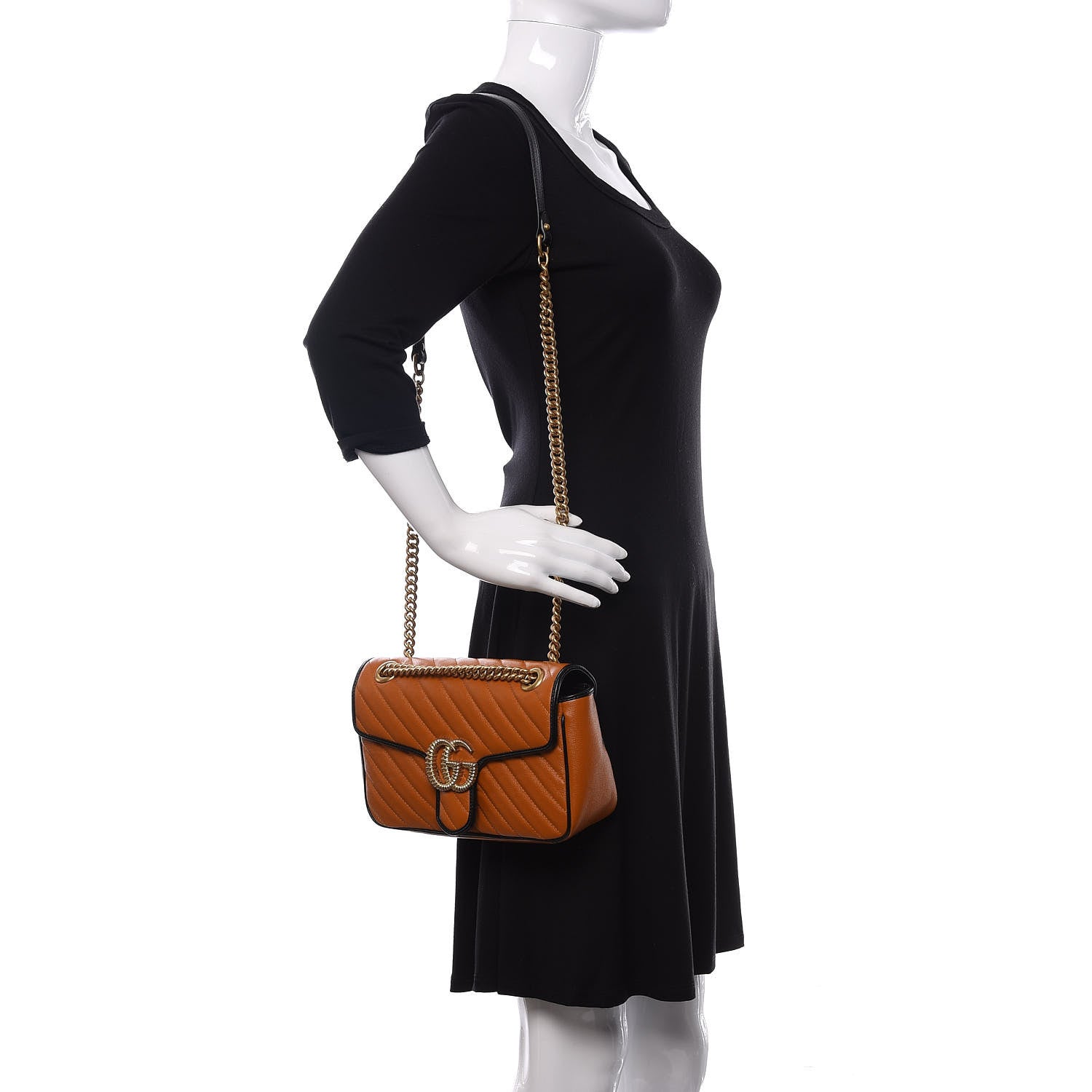 Gucci Vintage Effect Calfskin Matelasse Diagonal Small Torchon GG Marmont Shoulder Bag Cognac Black 2 of 10