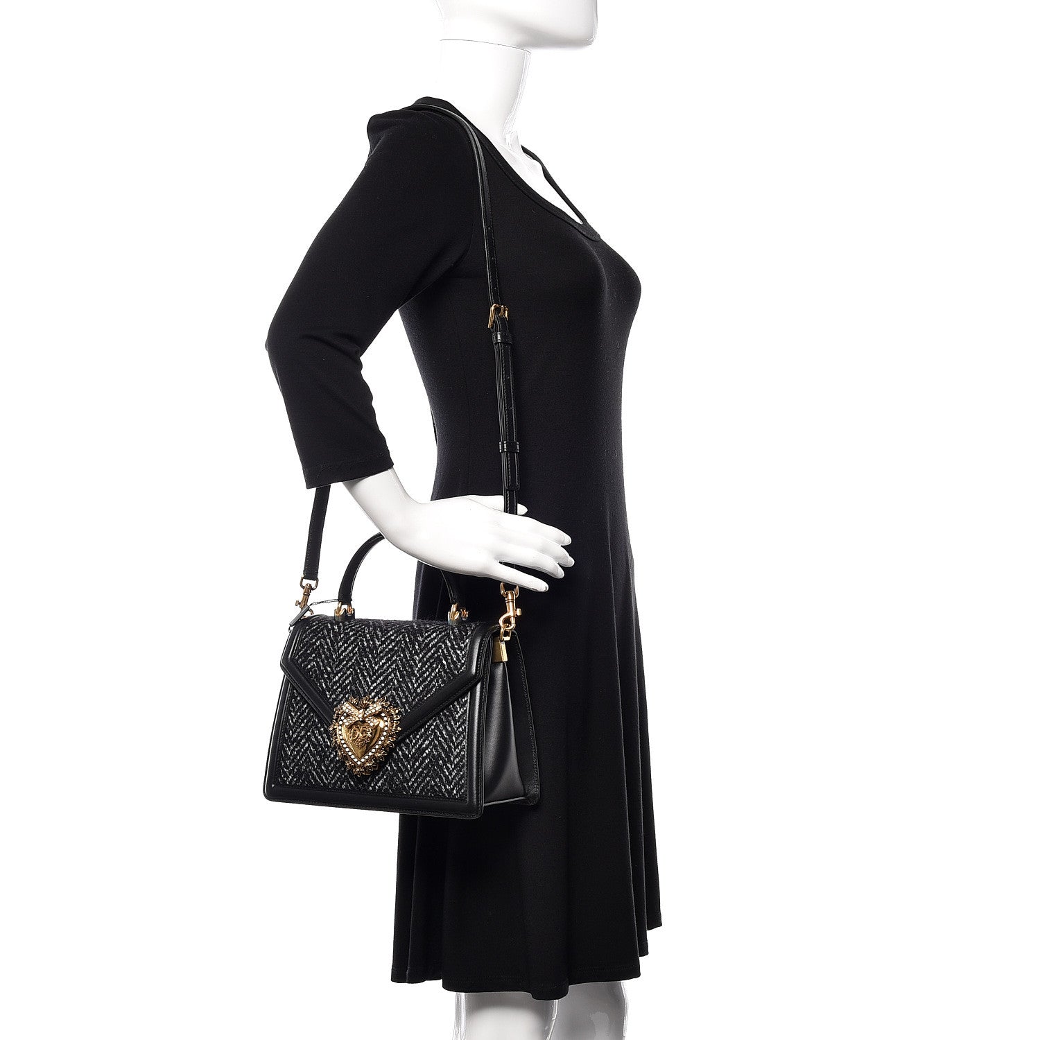 Dolce & Gabbana Calfskin Tweed Chevron Medium Devotion Top Handle Bag Black 2 of 9
