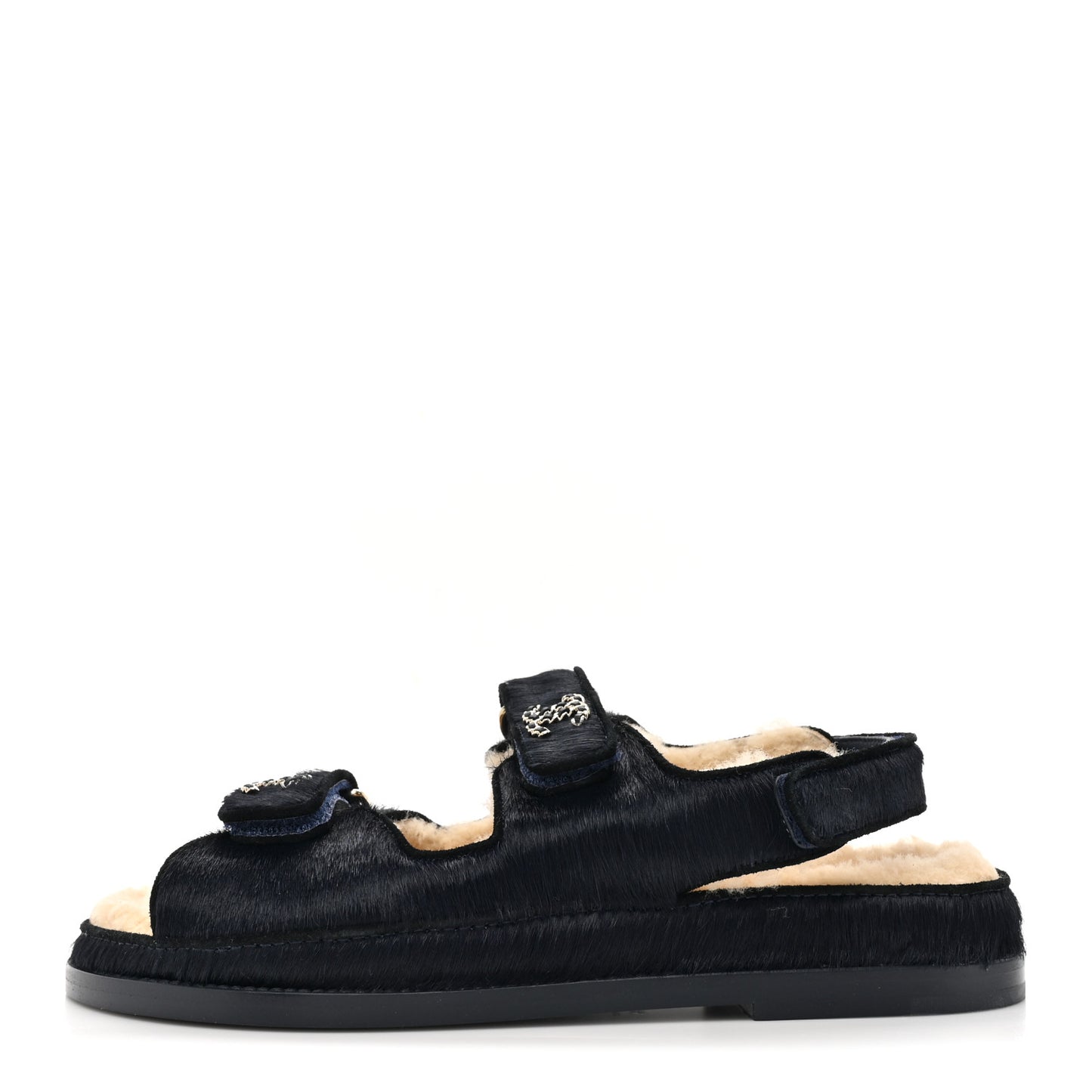Calfskin Hair Suede Shearling Dad Sandals 37.5 Navy Black