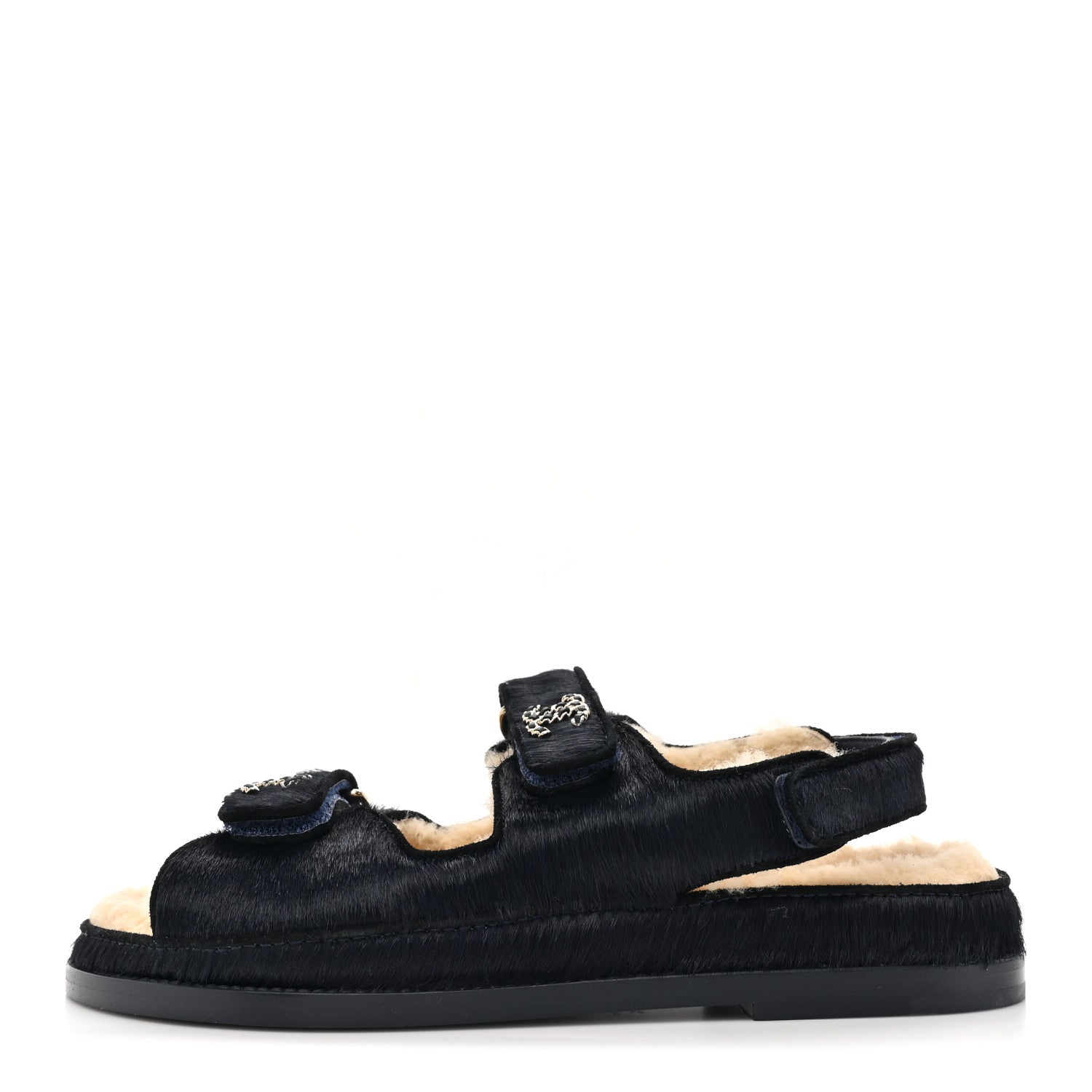 Chanel Calfskin Hair Suede Shearling Dad Sandals 37.5 Navy Black 1 of 9