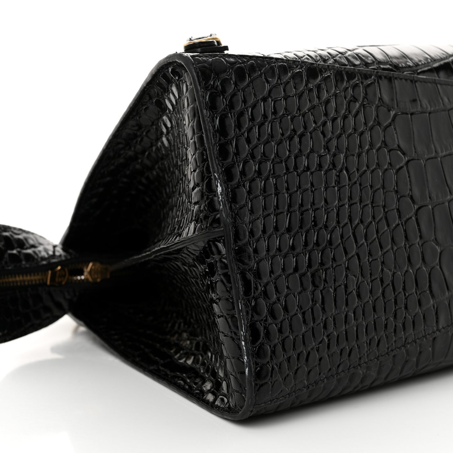 Shiny Supple Calfskin Crocodile Embossed Brass Hardware Neo Classic City Black