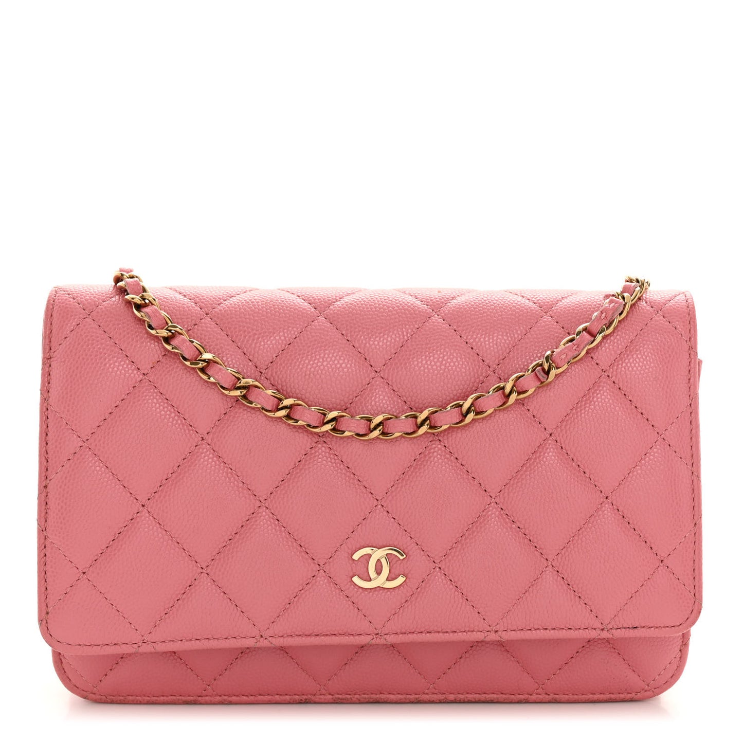 Shiny Caviar Quilted Wallet On Chain WOC Pink