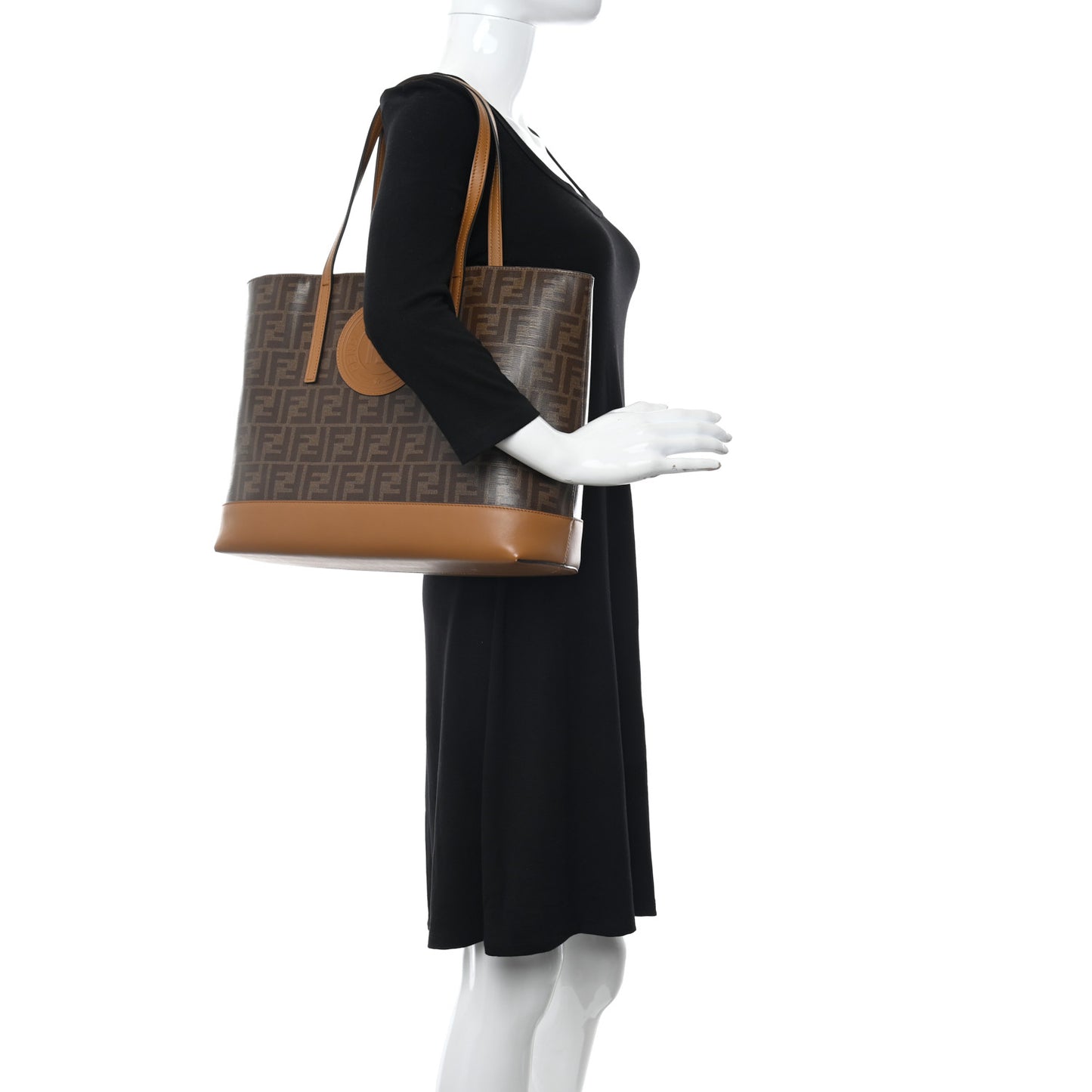 Glazed Fabric Vitello Century FF 1974 Stamp Patch Shopping Tote Mogano Panna Caramello