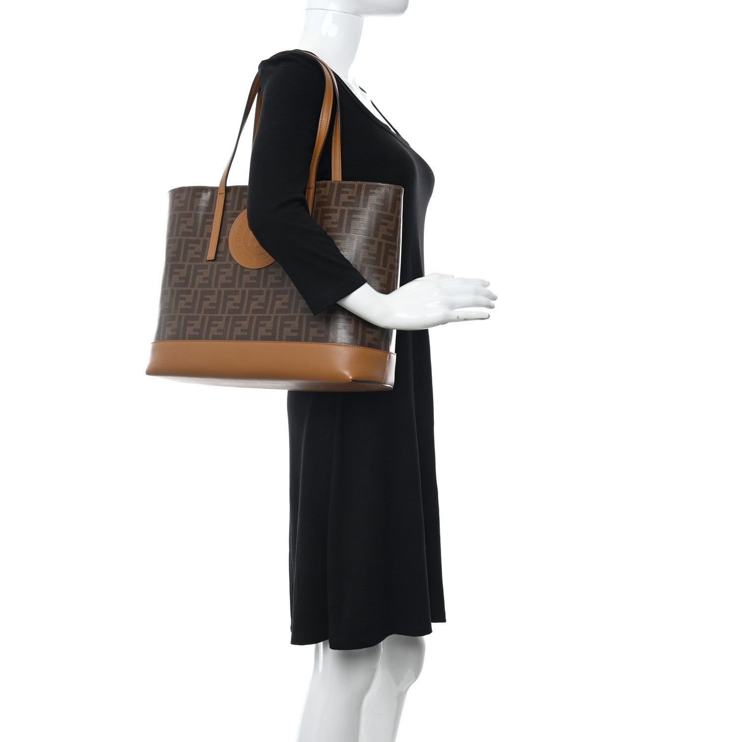 Fendi Glazed Fabric Vitello Century FF 1974 Stamp Patch Shopping Tote Mogano Panna Caramello 2 of 10