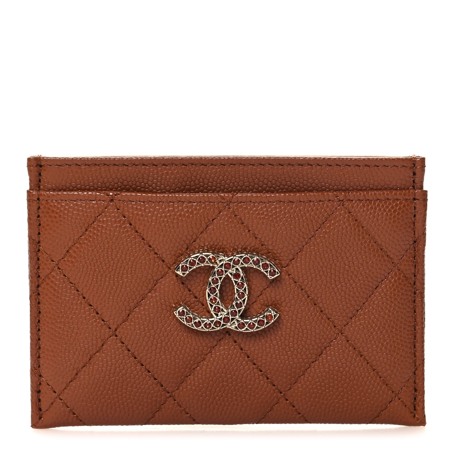 Shiny Caviar Quilted Strass Quilted Crystal Card Holder Brown
