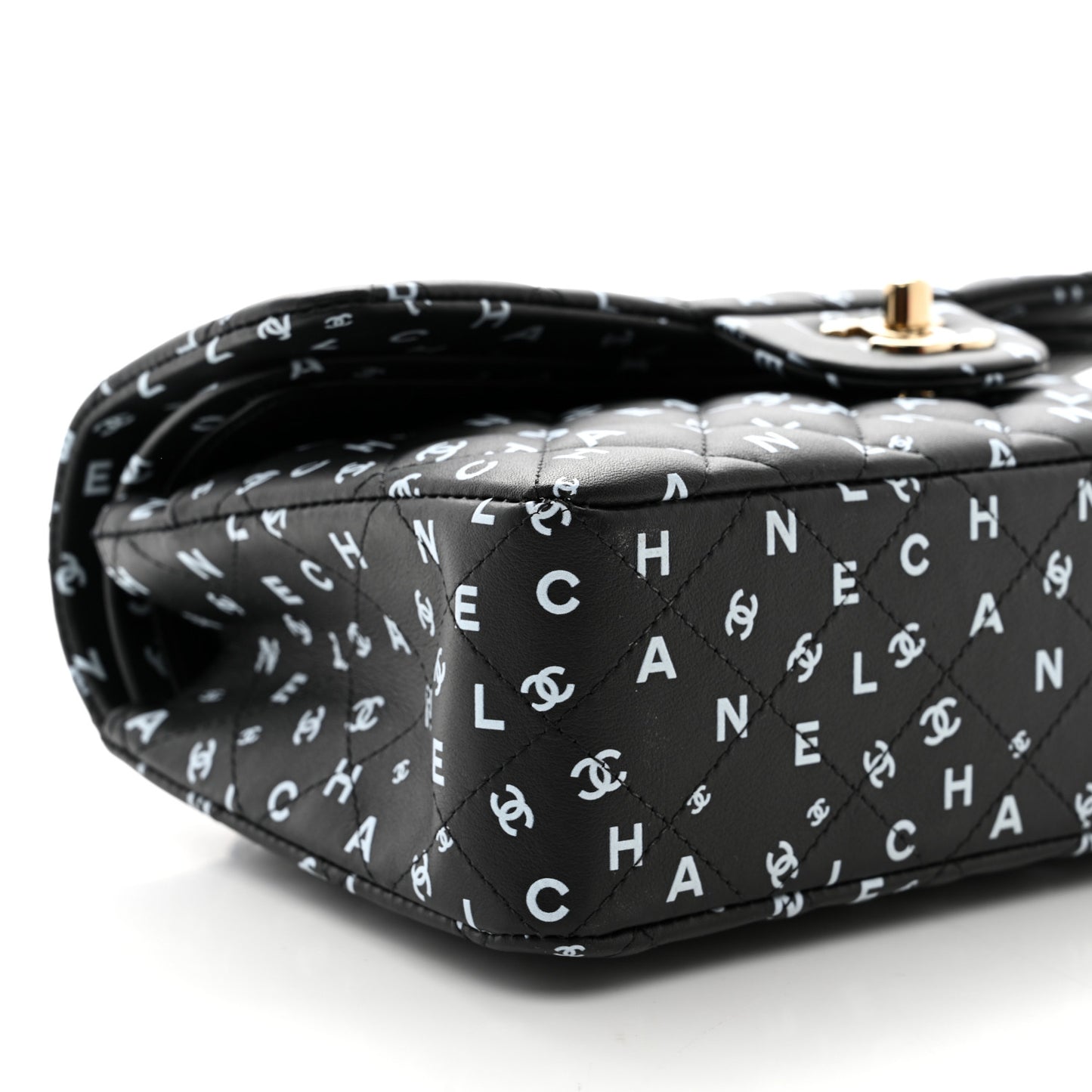 Lambskin Quilted Logo CC Printed Small Double Flap Black White