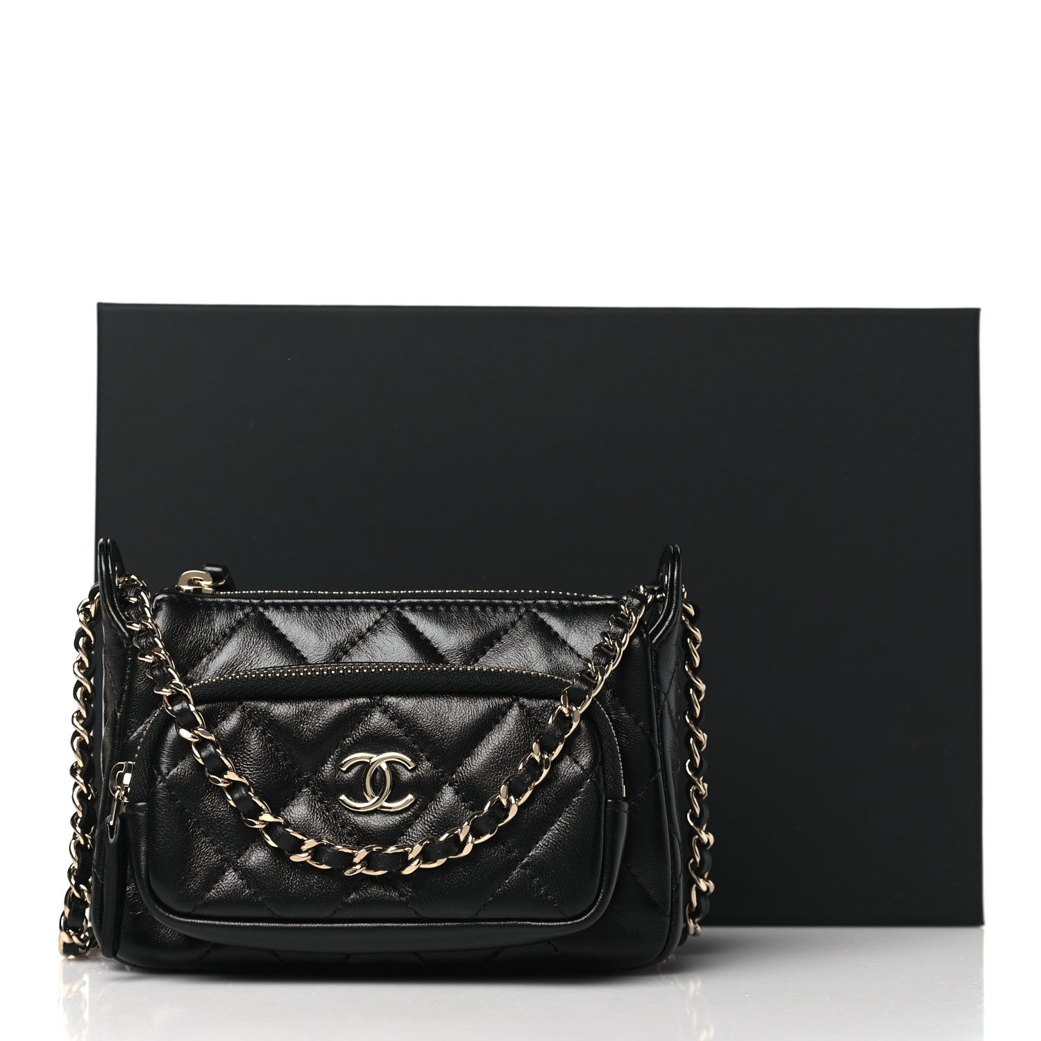 Chanel Shiny Crumpled Lambskin Quilted Clutch With Chain Black Black 11 of 11