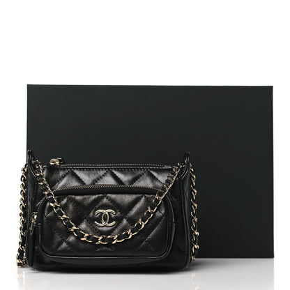Chanel Shiny Crumpled Lambskin Quilted Clutch With Chain Black Black 11 of 11