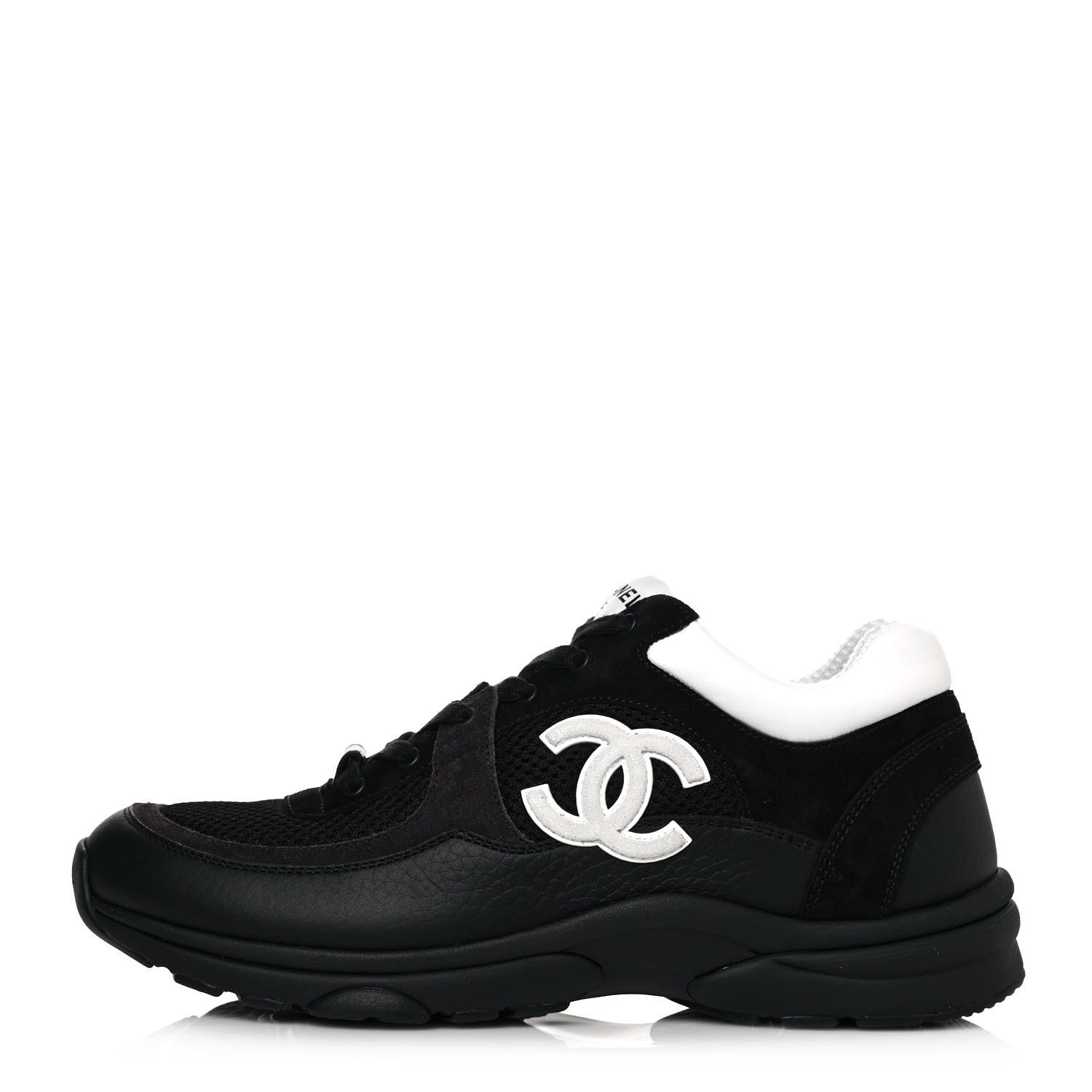 Chanel Mesh Suede Grained Calfskin Womens CC Sneakers 39.5 Black White 1 of 8