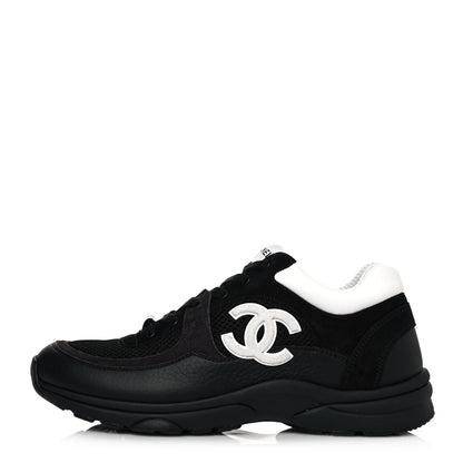 Chanel Mesh Suede Grained Calfskin Womens CC Sneakers 39.5 Black White 1 of 8